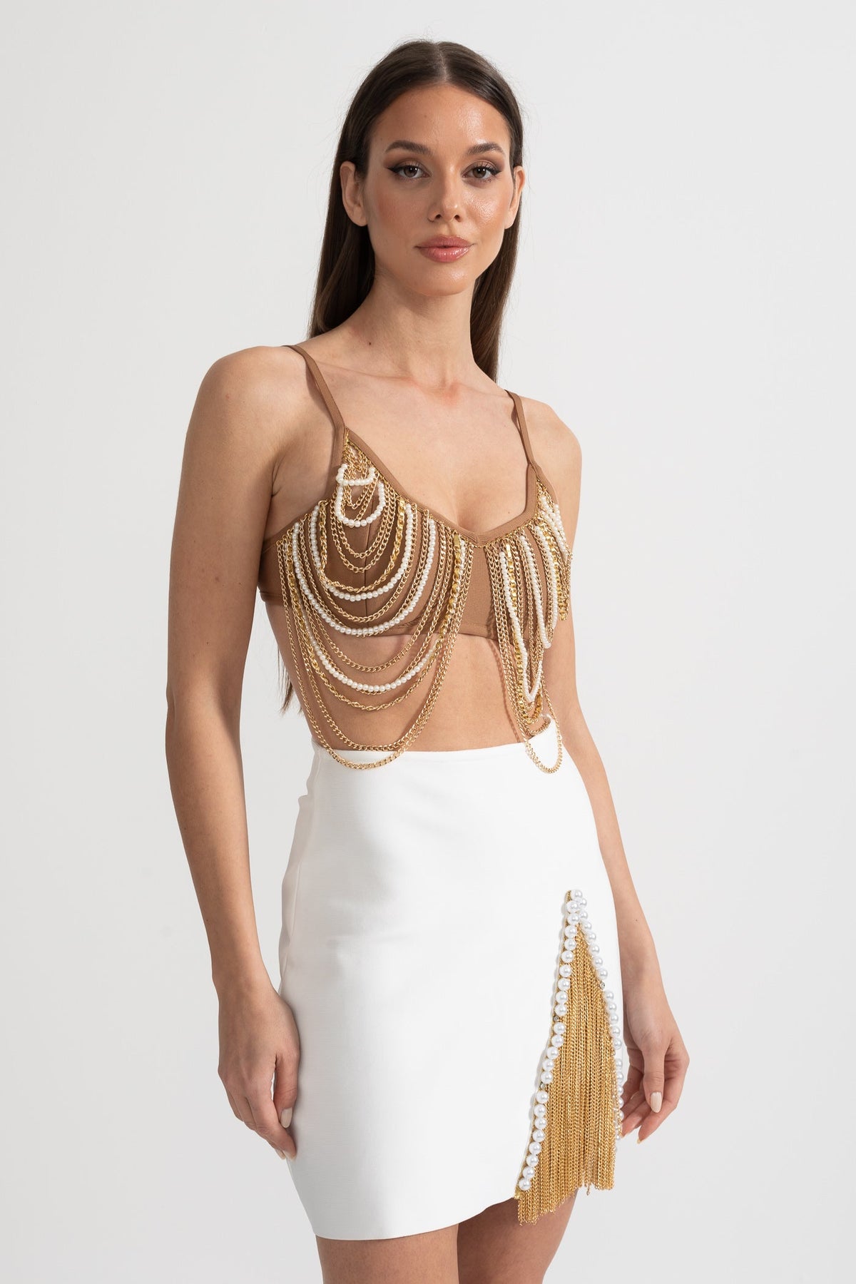 Pearls And Chains Embellished Set With Contrasting Top And Mini Skirt - Gold/White
