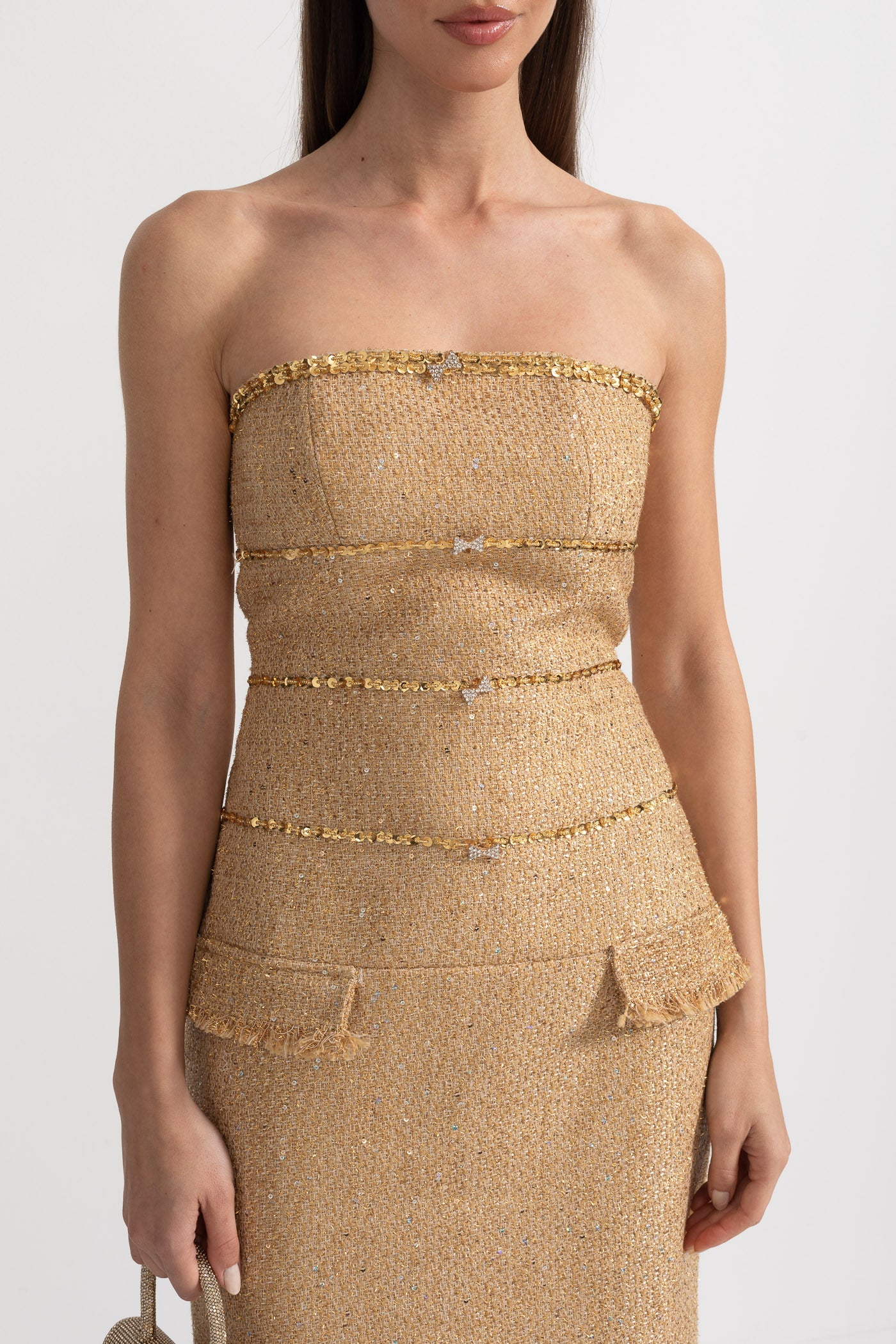 Strapless Textured Dress With Sequin Decorative Trim And Sparkling Ribbon Appliques - Gold