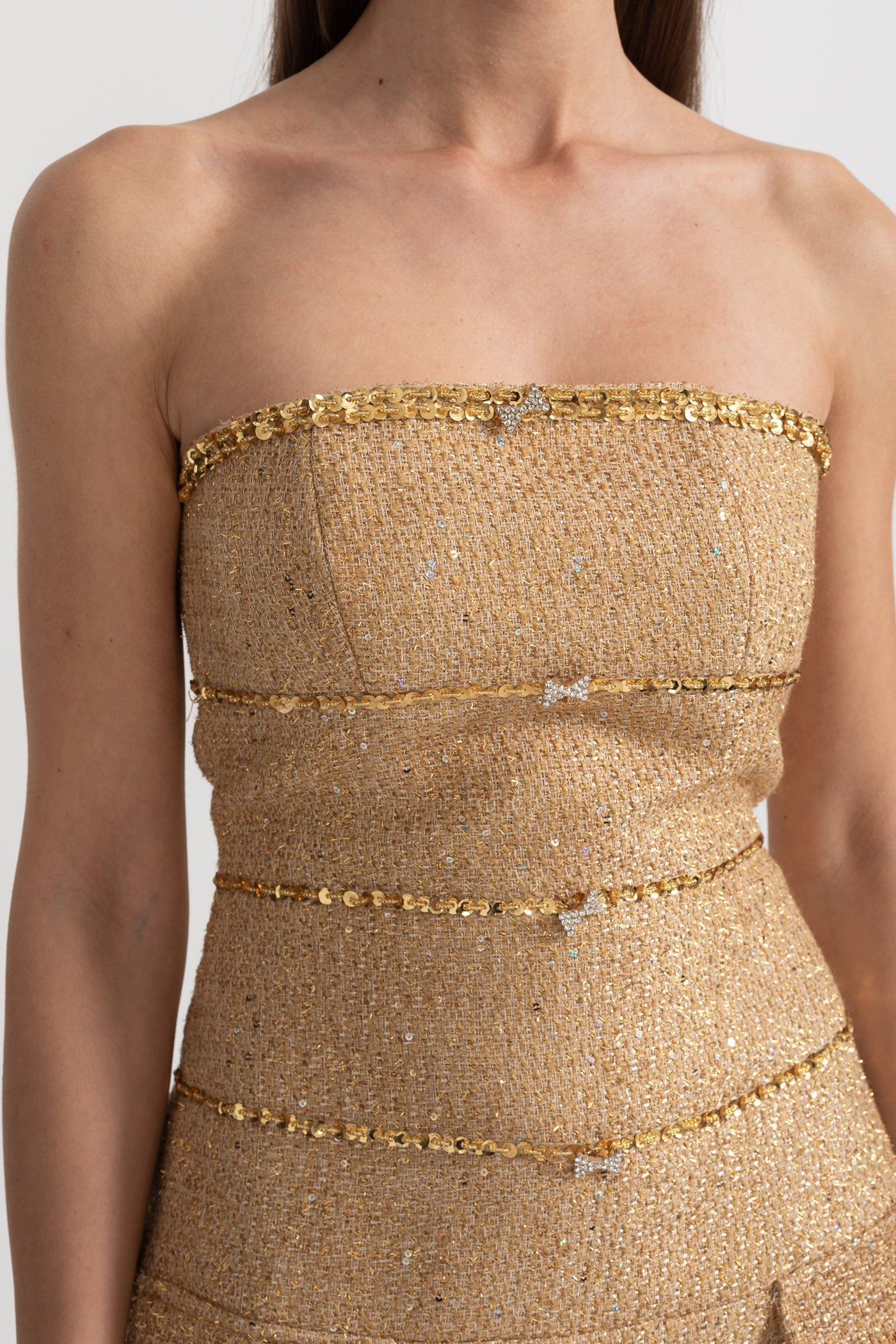 Strapless Textured Dress With Sequin Decorative Trim And Sparkling Ribbon Appliques - Gold