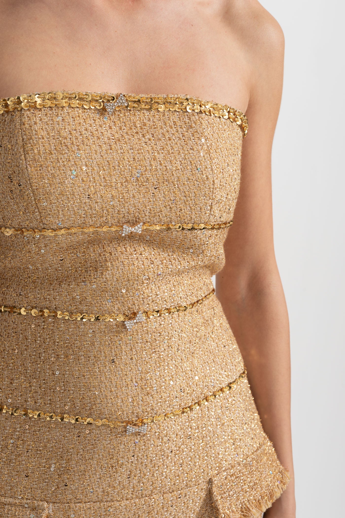 Strapless Textured Dress With Sequin Decorative Trim And Sparkling Ribbon Appliques - Gold
