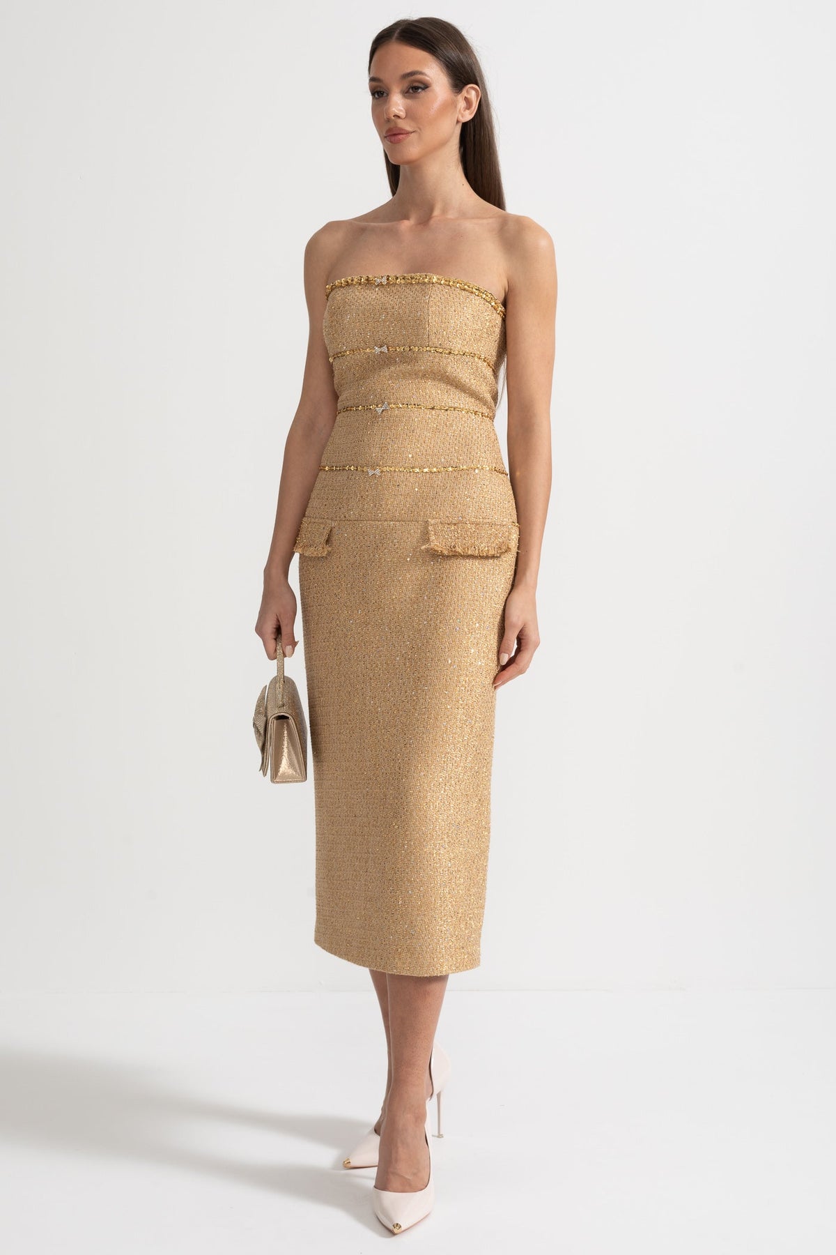 Strapless Textured Dress With Sequin Decorative Trim And Sparkling Ribbon Appliques - Gold