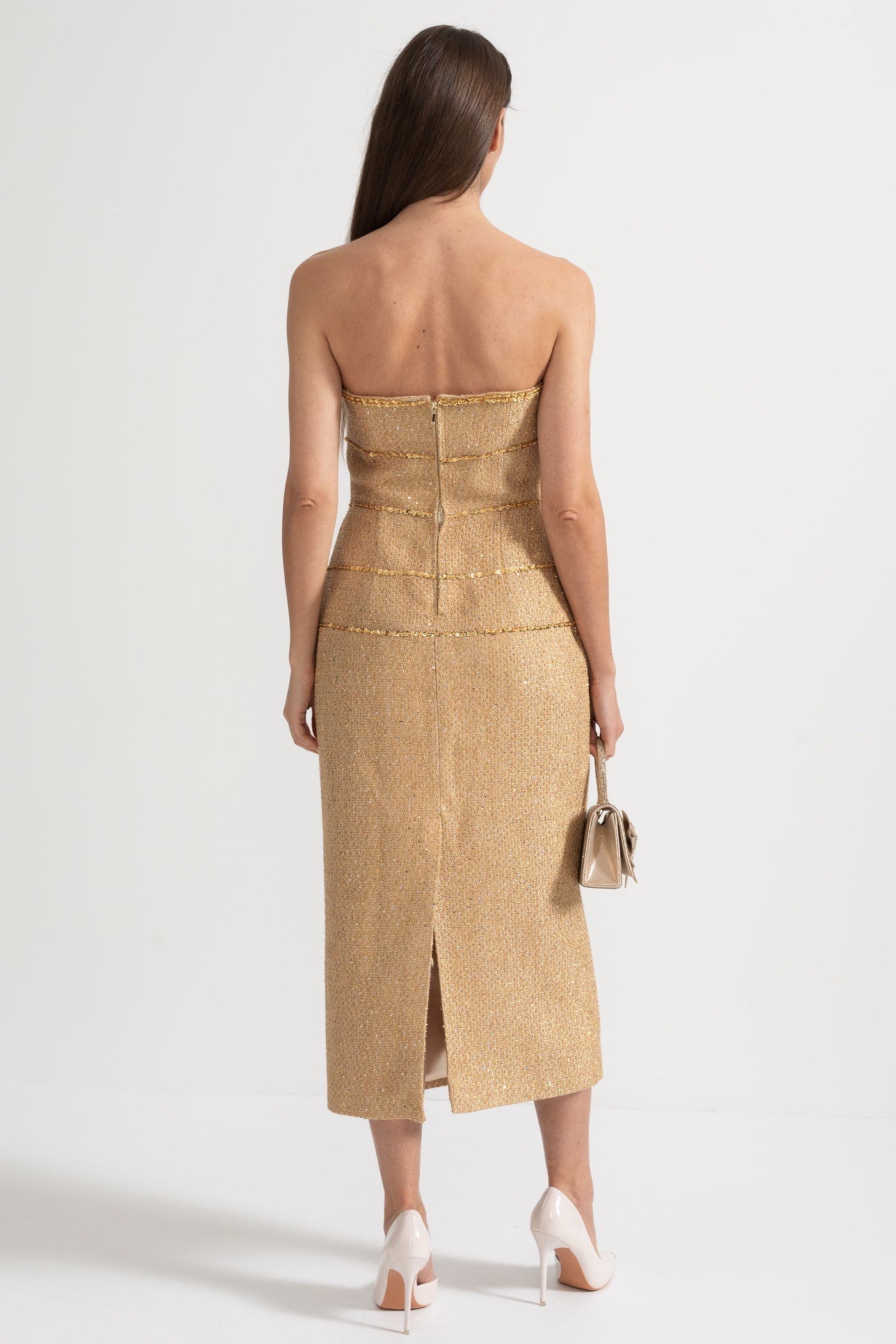 Strapless Textured Dress With Sequin Decorative Trim And Sparkling Ribbon Appliques - Gold