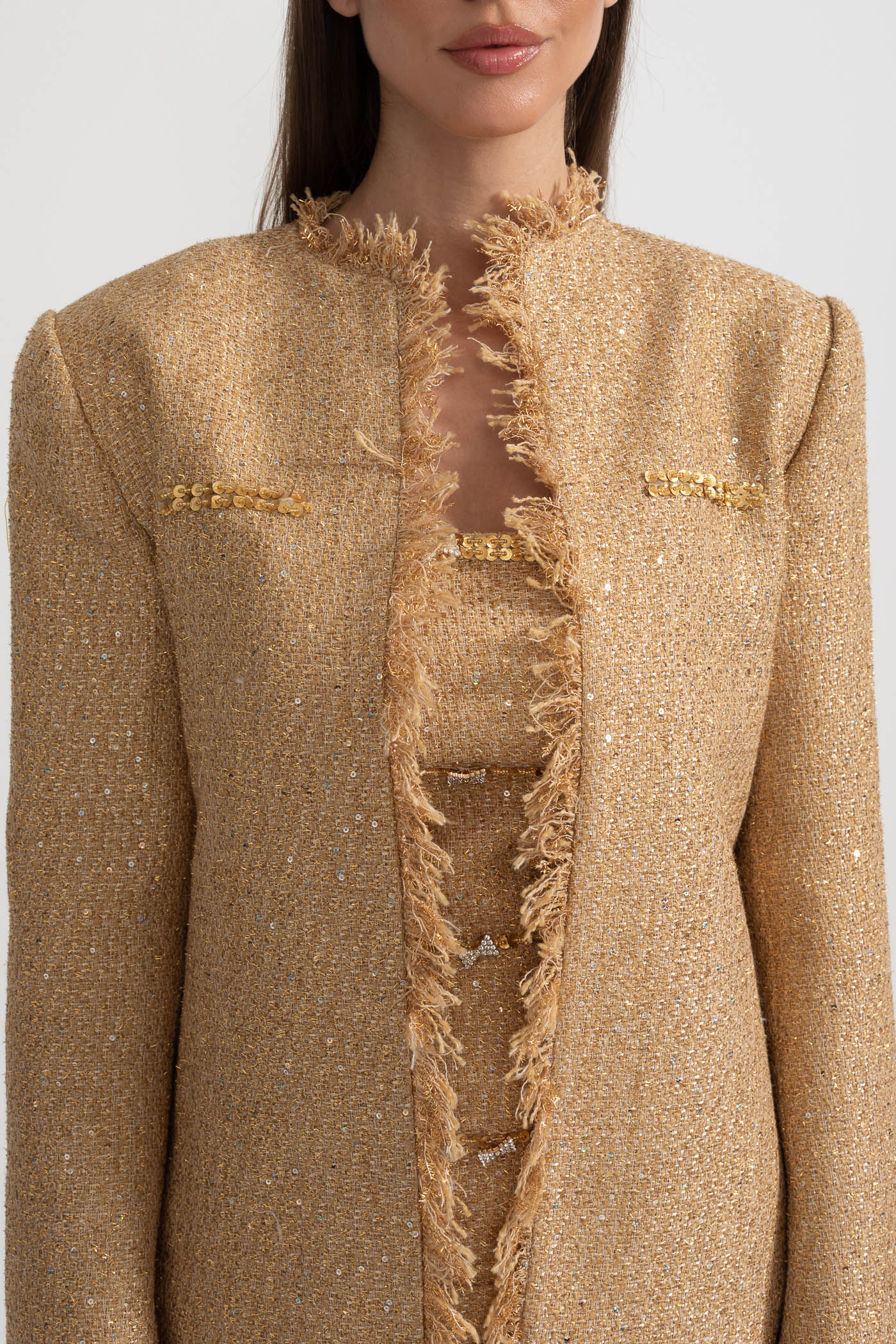 Elvire Gold Textured Tweed Overcoat With Intricate Sequin Embellishments And Fringe Trim Accents
