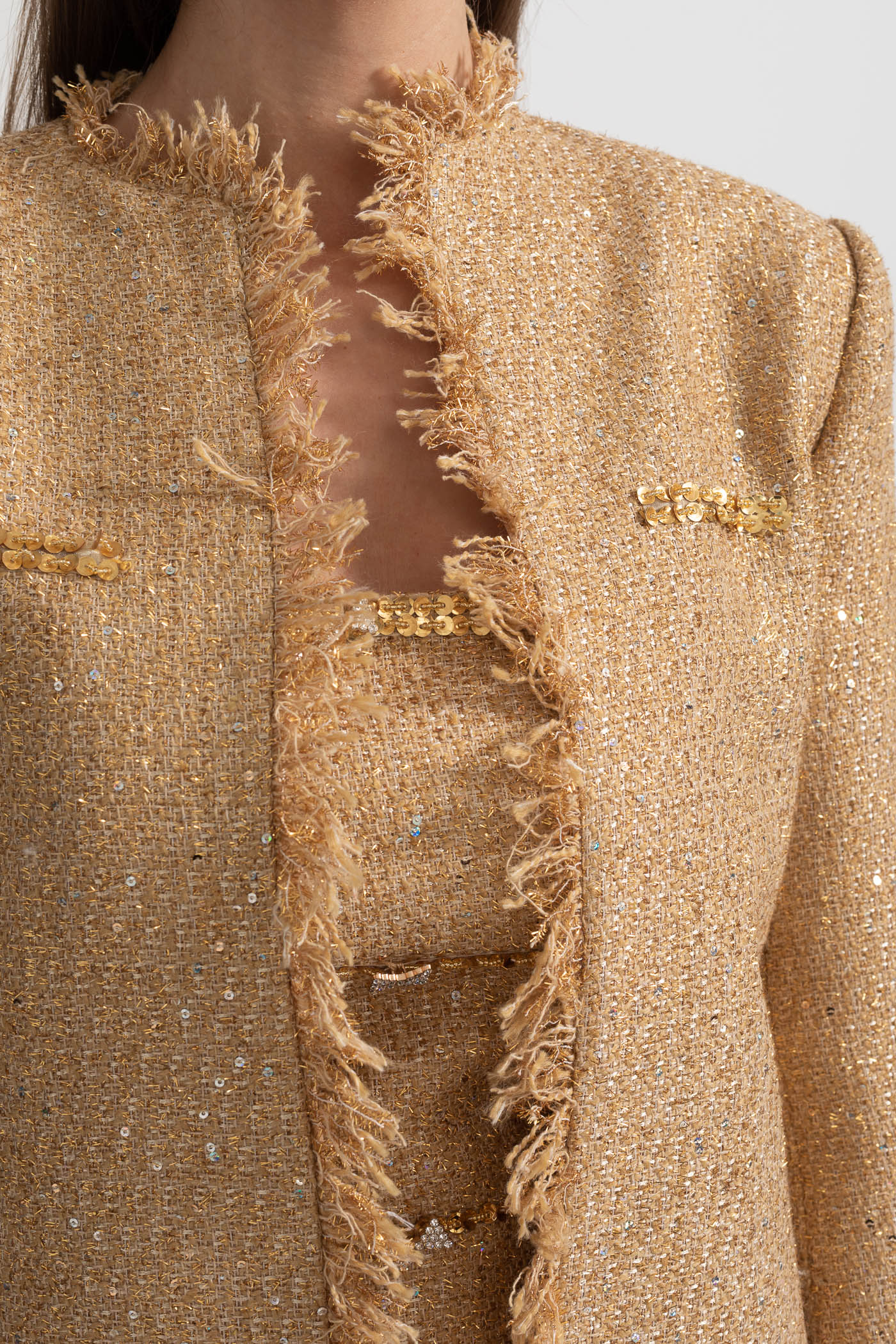 Elvire Gold Textured Tweed Overcoat With Intricate Sequin Embellishments And Fringe Trim Accents