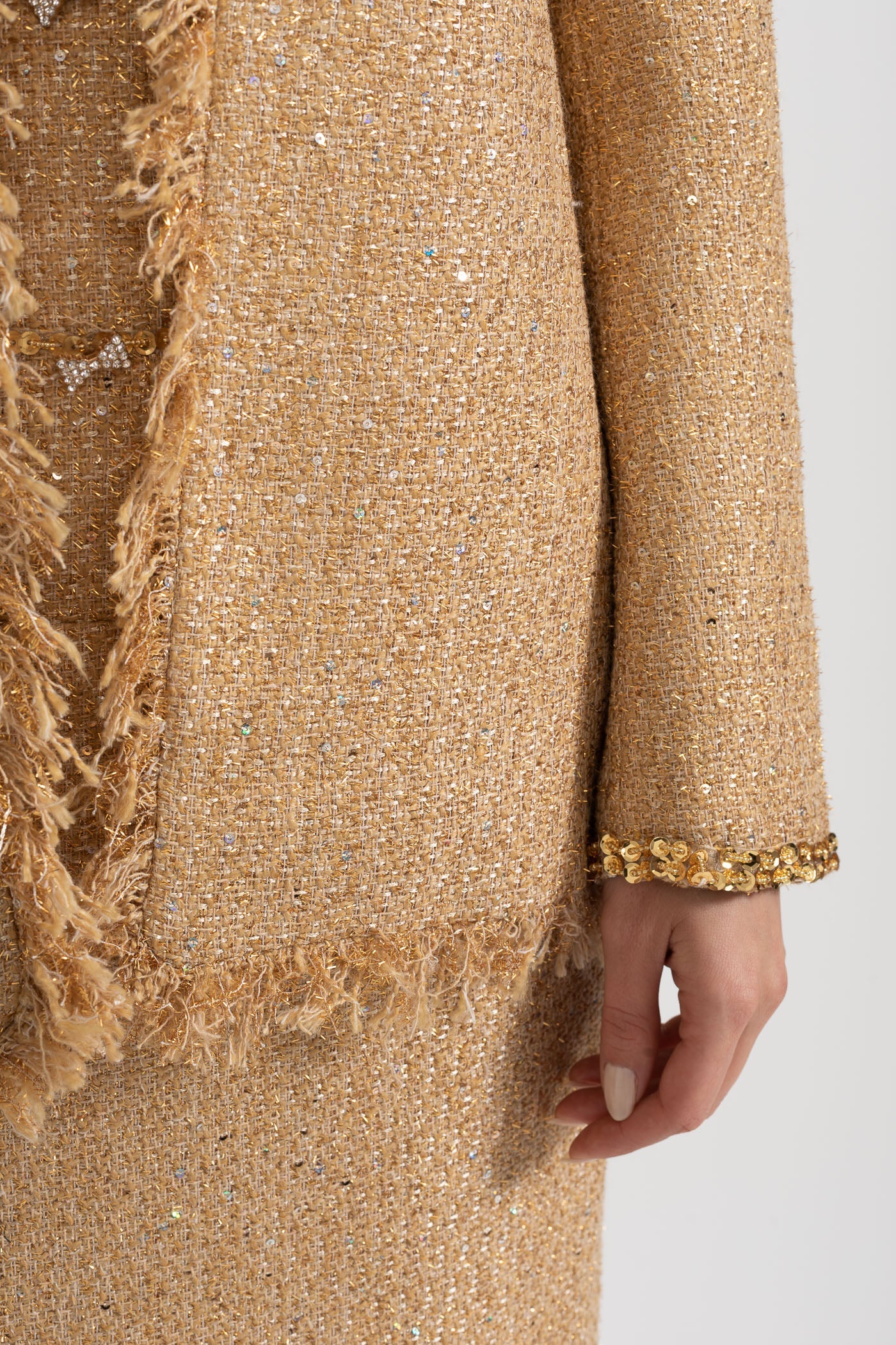 Elvire Gold Textured Tweed Overcoat With Intricate Sequin Embellishments And Fringe Trim Accents
