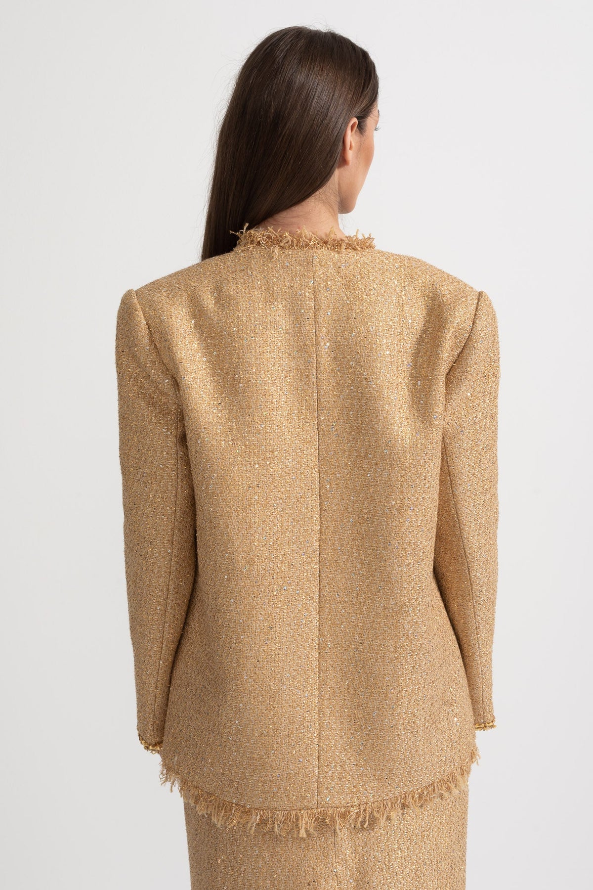 Elvire Gold Textured Tweed Overcoat With Intricate Sequin Embellishments And Fringe Trim Accents