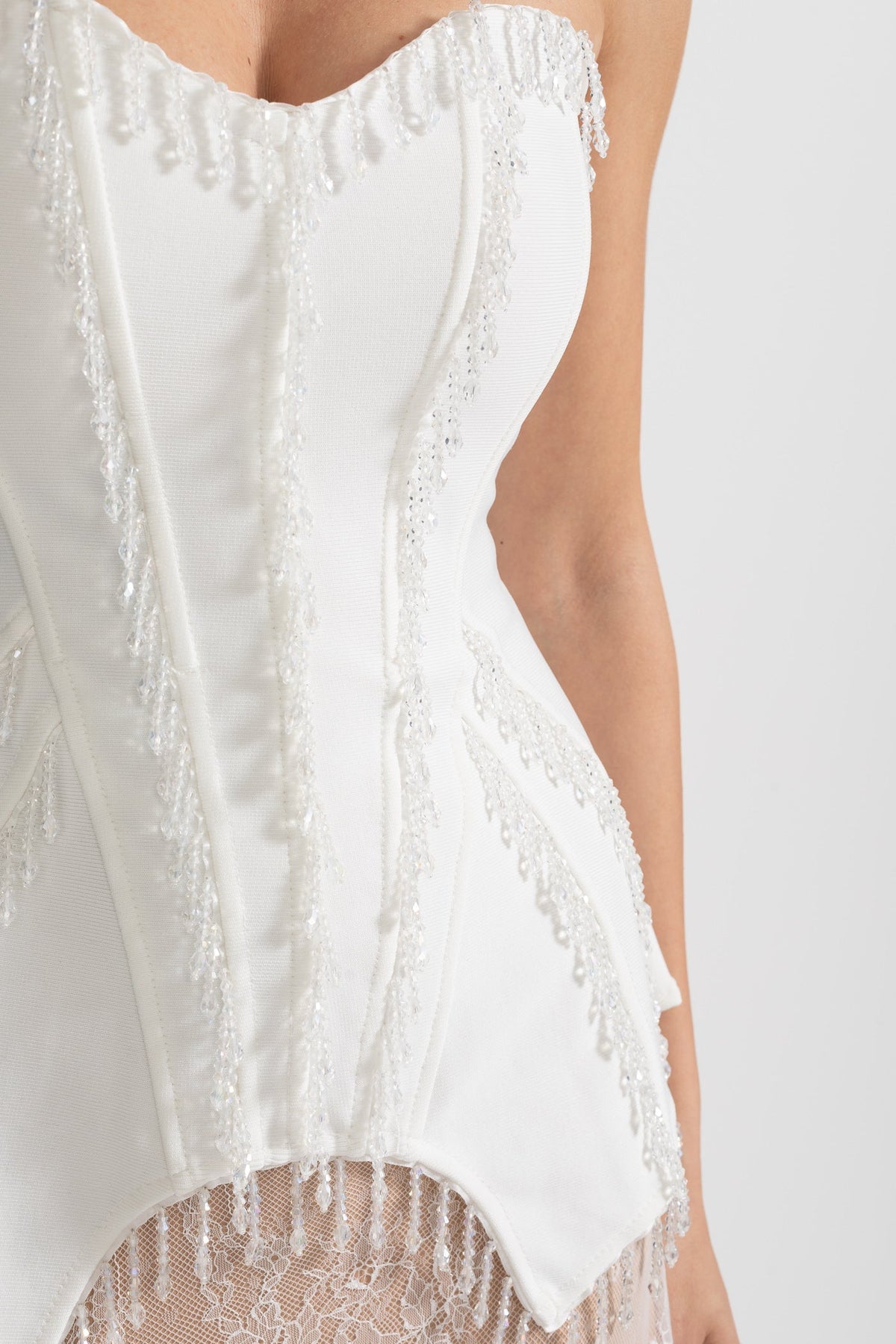 Elegant Corset Gown With Corset Top And Sheer Nude Maxi Skirt - White