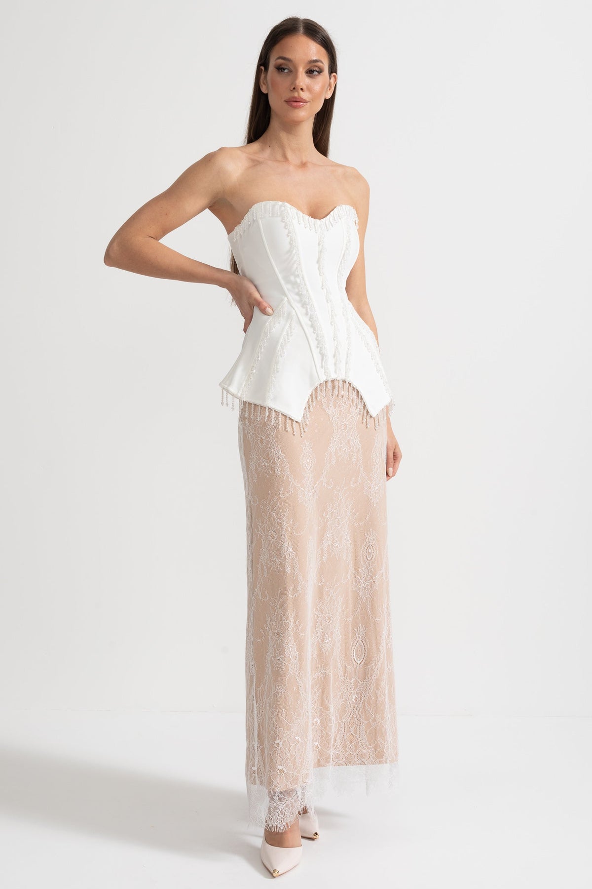 Elegant Corset Gown With Corset Top And Sheer Nude Maxi Skirt - White