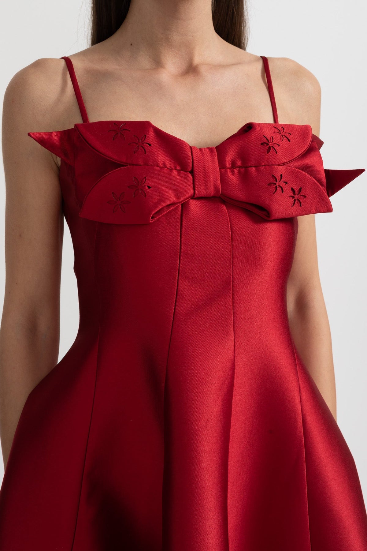 Midi Satin Dress With Fitted Bodice, Delicate Thin Straps And Bow Accent - Red