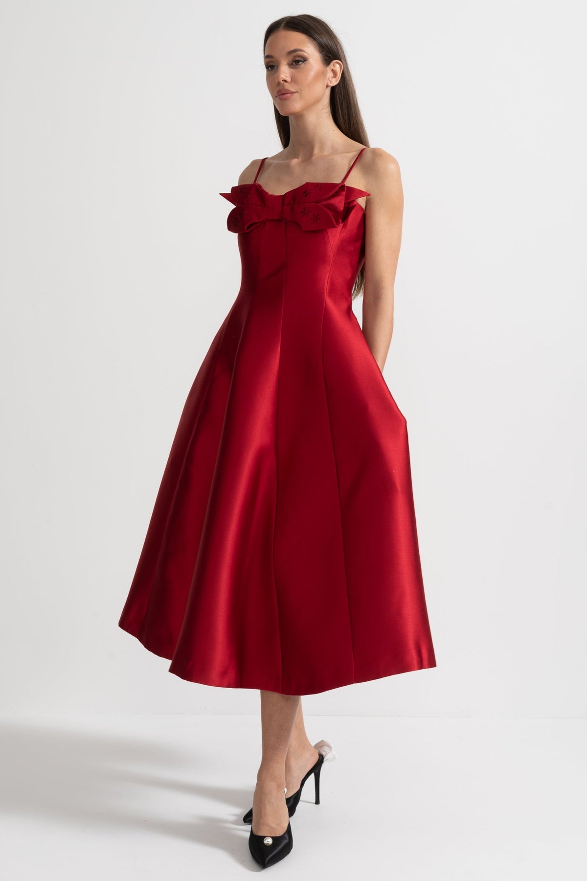 Midi Satin Dress With Fitted Bodice, Delicate Thin Straps And Bow Accent - Red