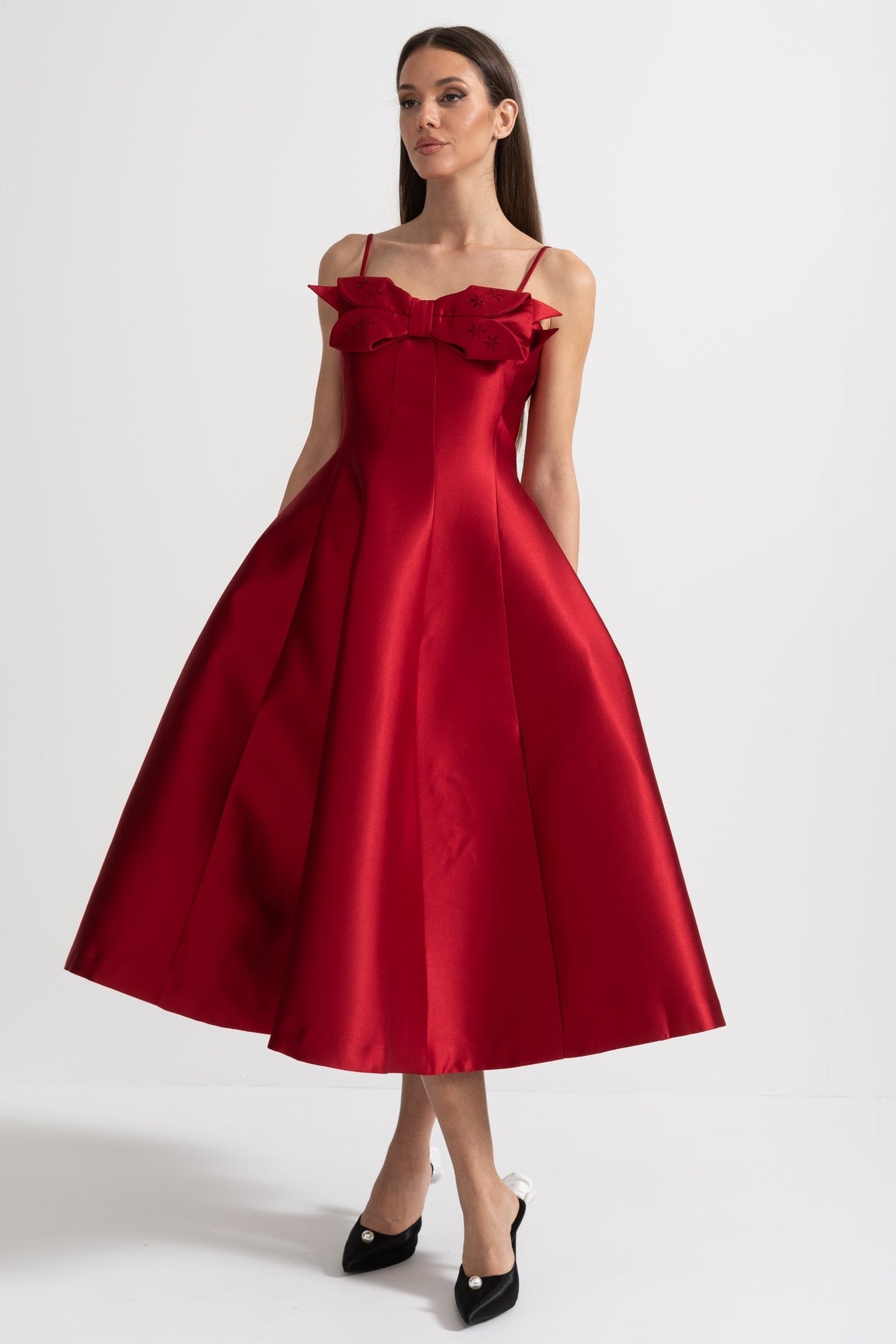 Midi Satin Dress With Fitted Bodice, Delicate Thin Straps And Bow Accent - Red