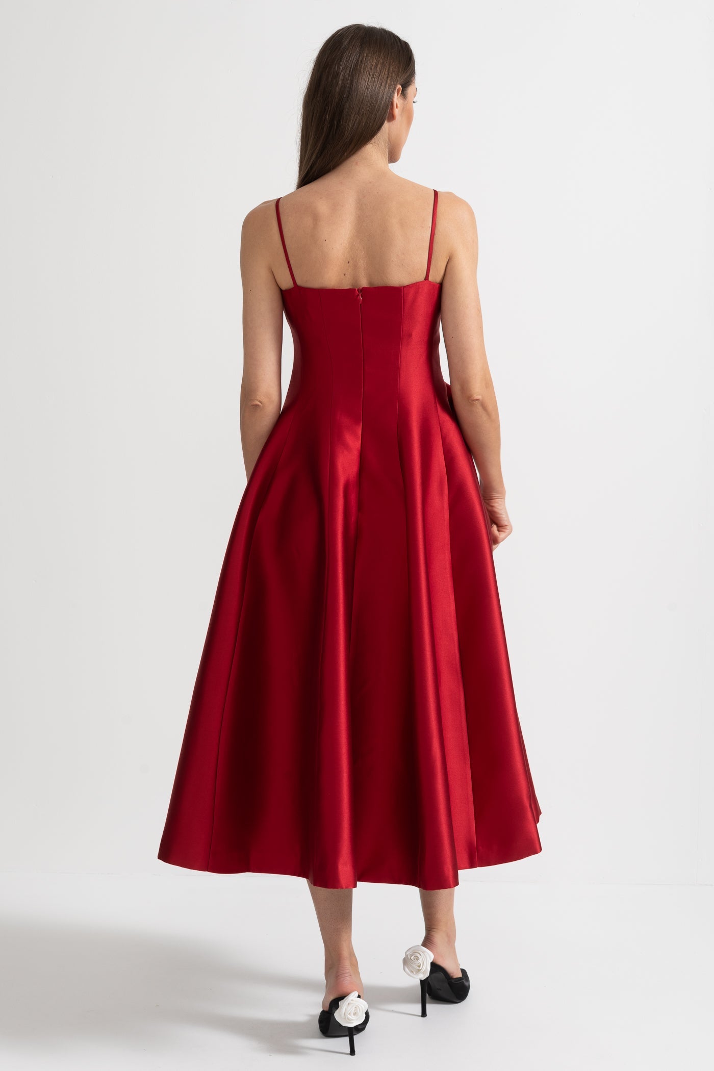 Midi Satin Dress With Fitted Bodice, Delicate Thin Straps And Bow Accent - Red