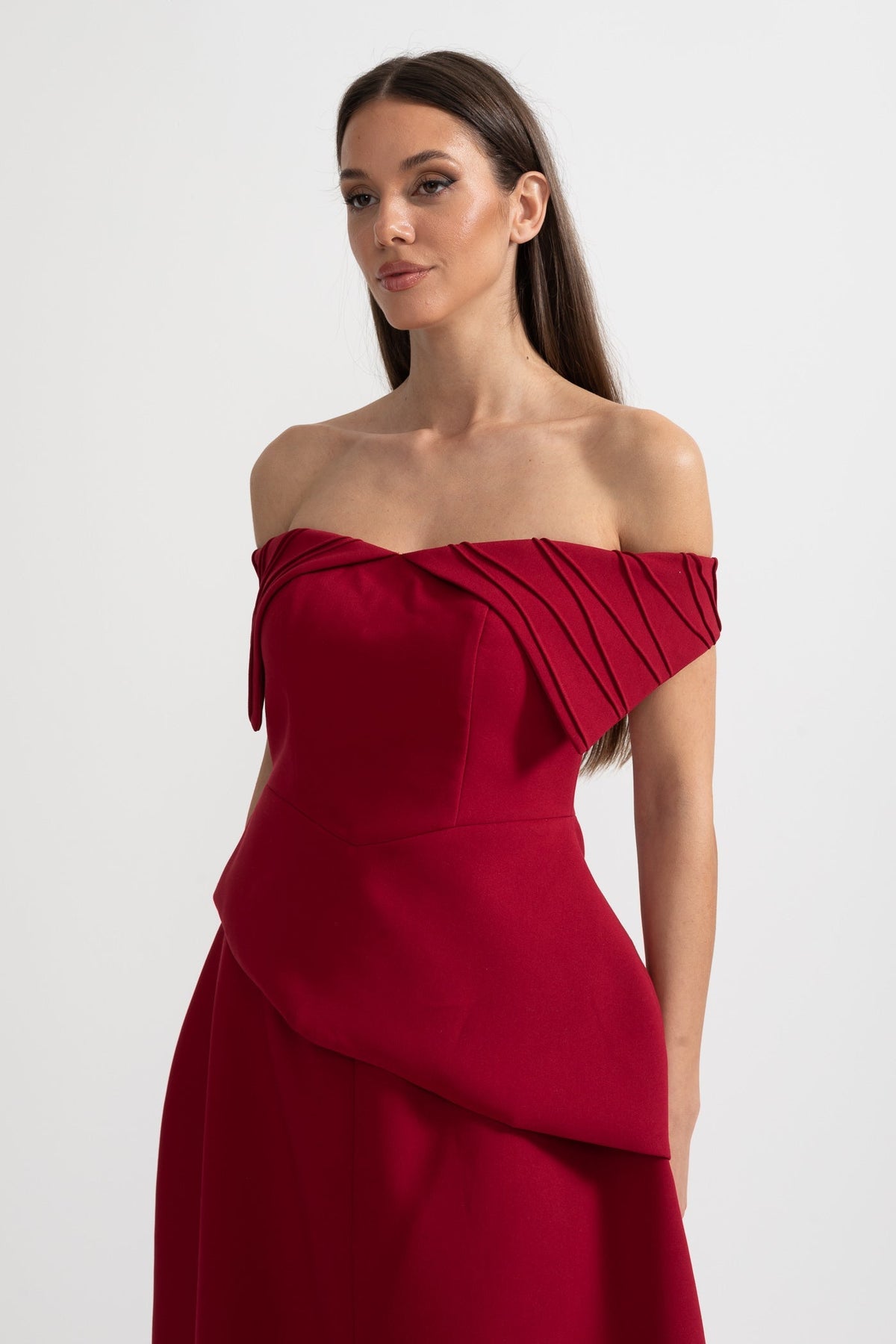 Off-Shoulder Set With Pleated Detail Top And Midi Skirt With Front Slit Accent - Red