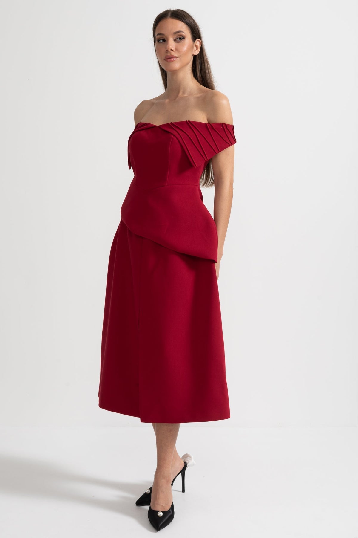 Off-Shoulder Set With Pleated Detail Top And Midi Skirt With Front Slit Accent - Red