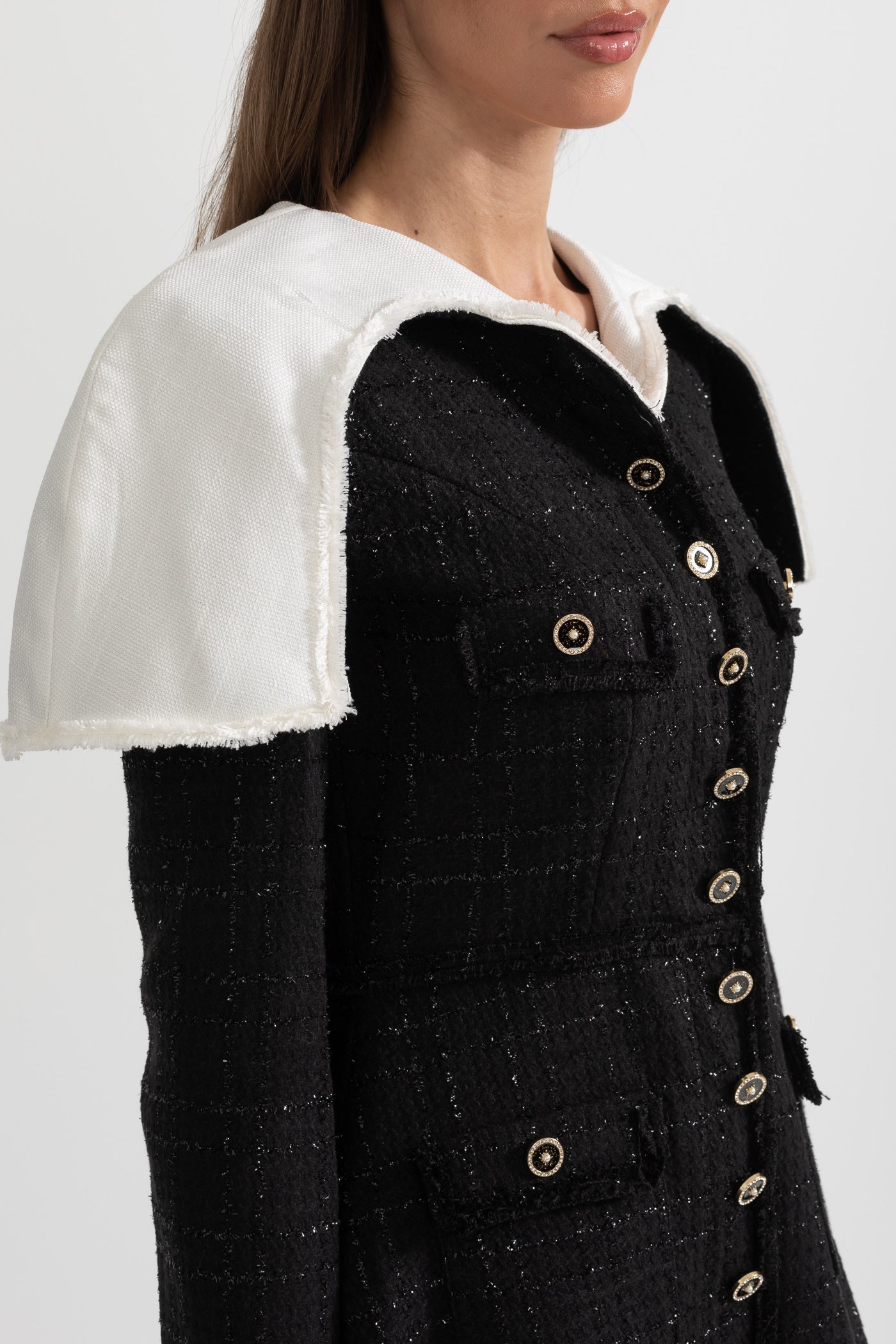 Long Sleeved Textured Tweed Dress With Distinctive Large Shoulder Flaps - Black