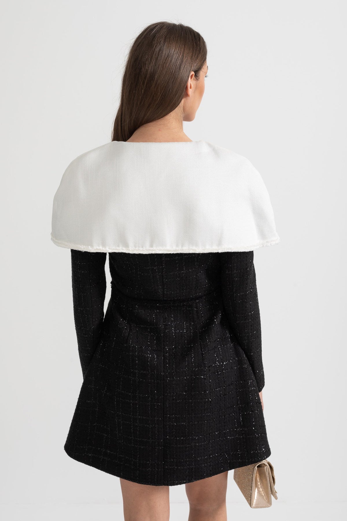 Long Sleeved Textured Tweed Dress With Distinctive Large Shoulder Flaps - Black