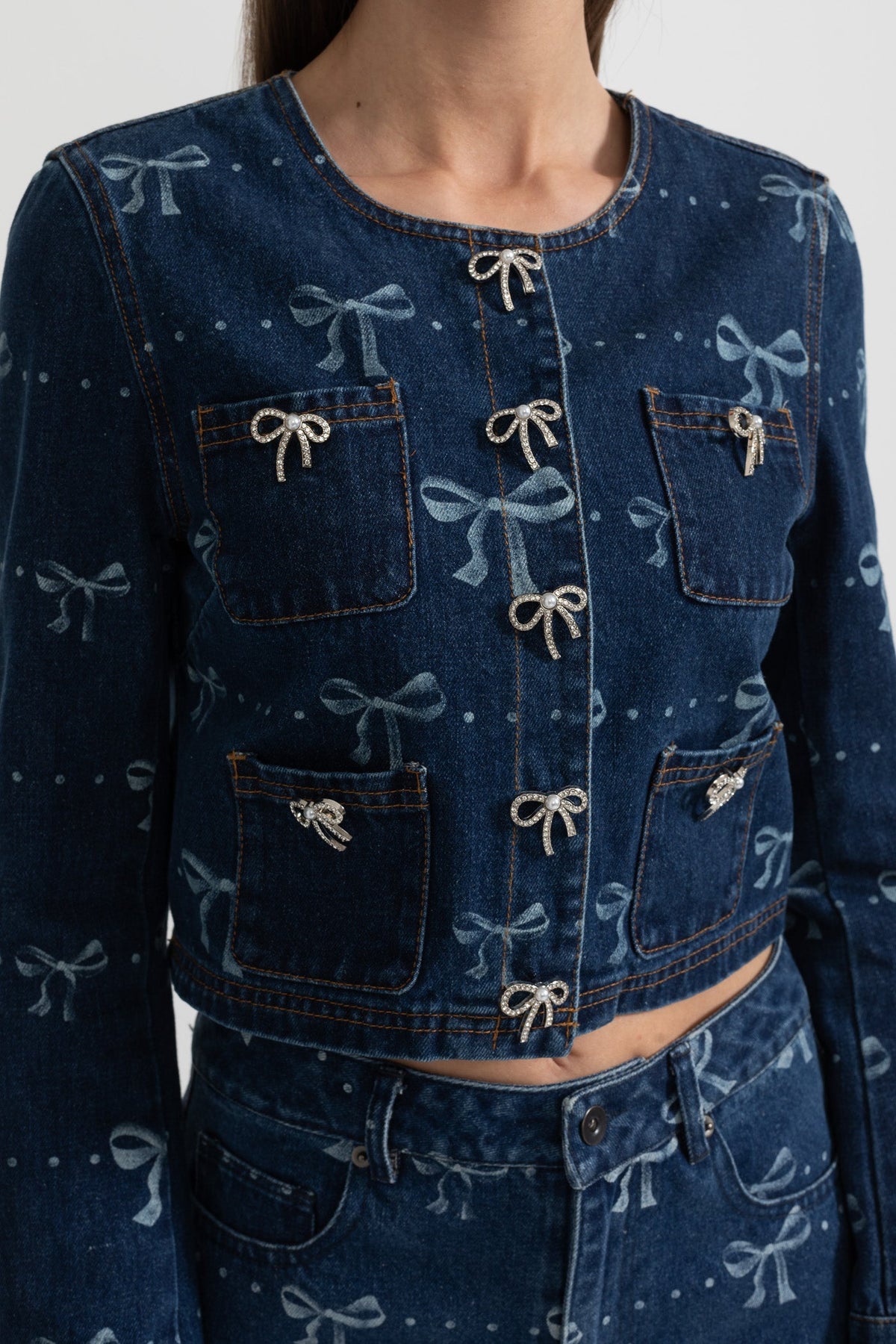 Denim Co-Ordinate Ensemble With Long Sleeved Jacket And Wide-Leg Jeans - Blue