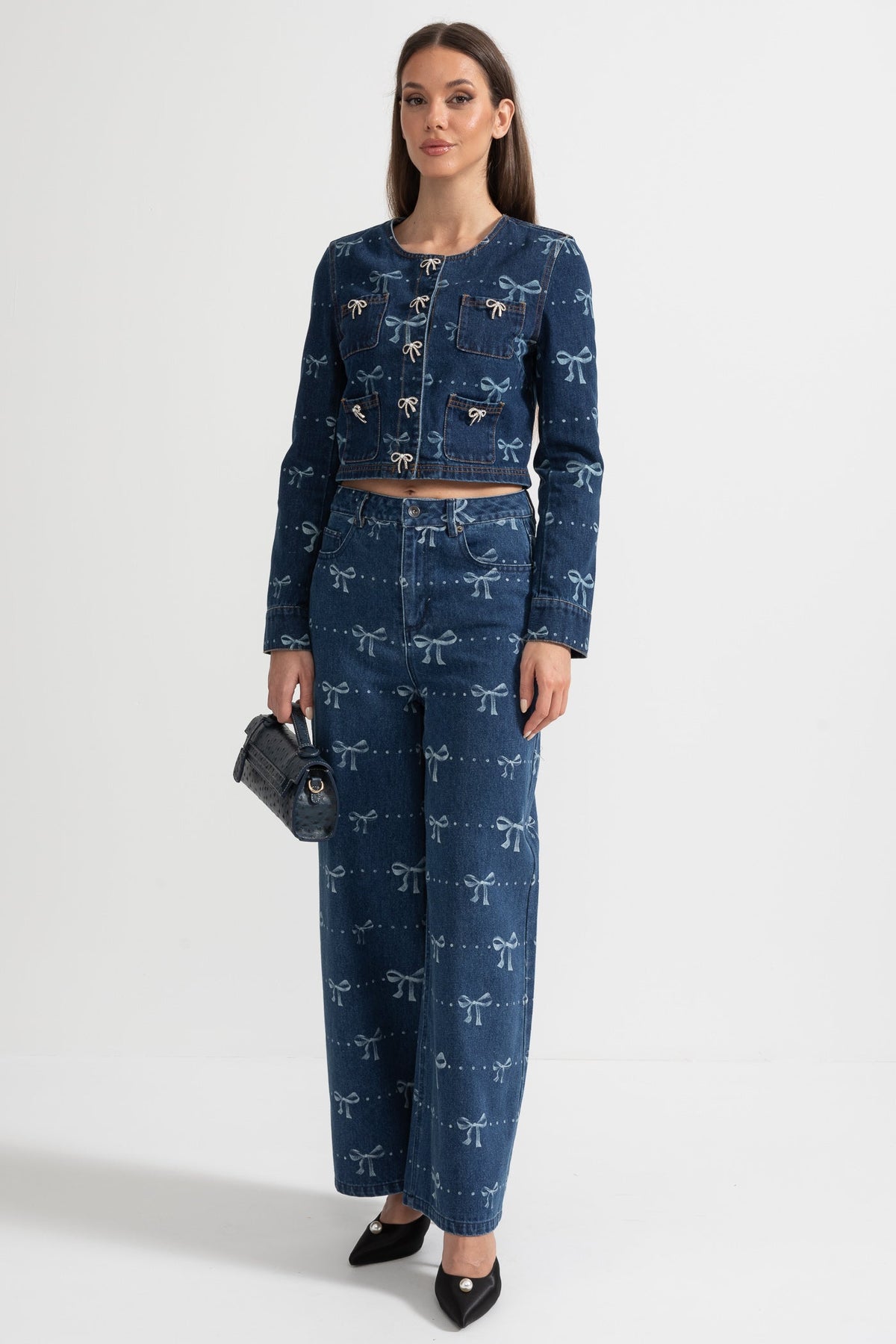 Denim Co-Ordinate Ensemble With Long Sleeved Jacket And Wide-Leg Jeans - Blue