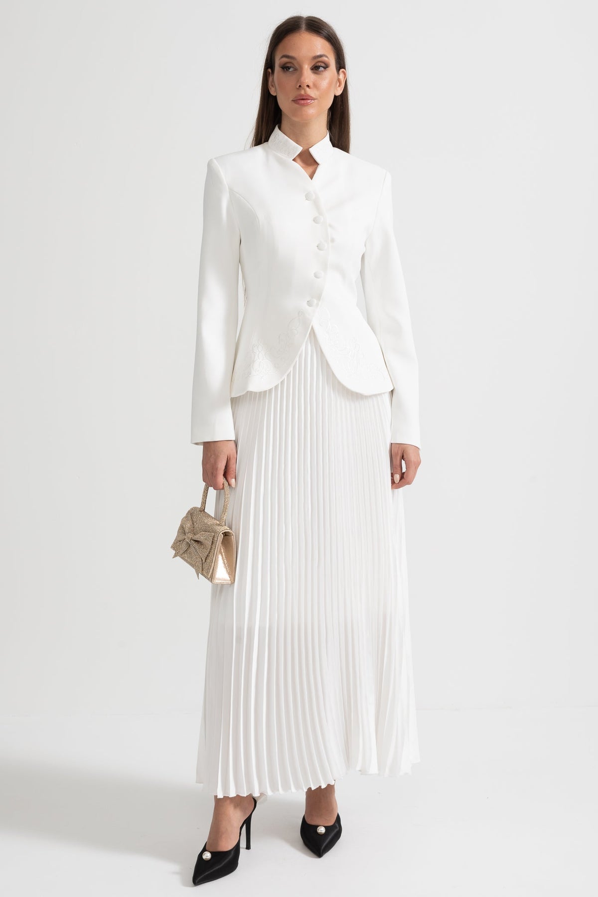 Pleated Skirt and Structured Jacket Co-Ord Set With Decorative Stitching - White