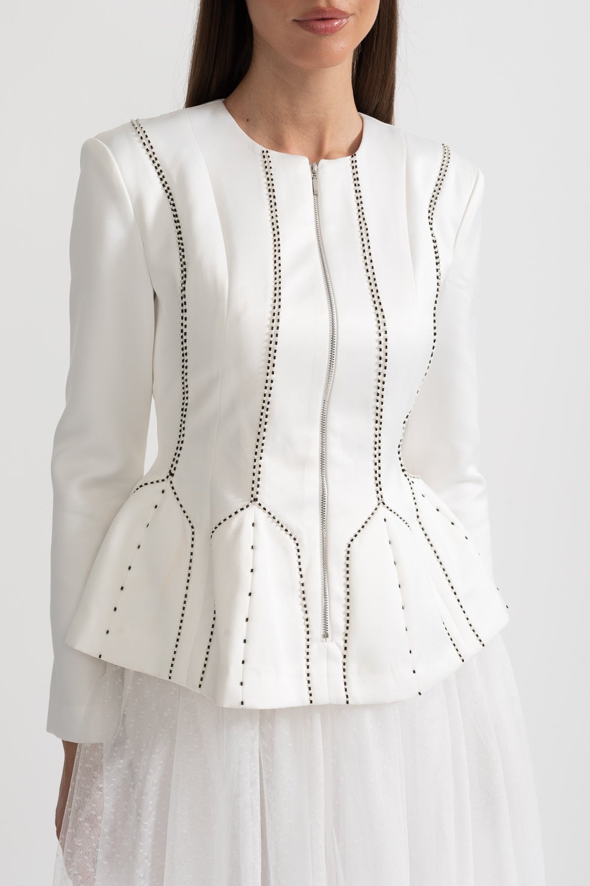 Peplum Jacket and Sheer Tulle Skirt Co-Ord Set with Structured Seams - White