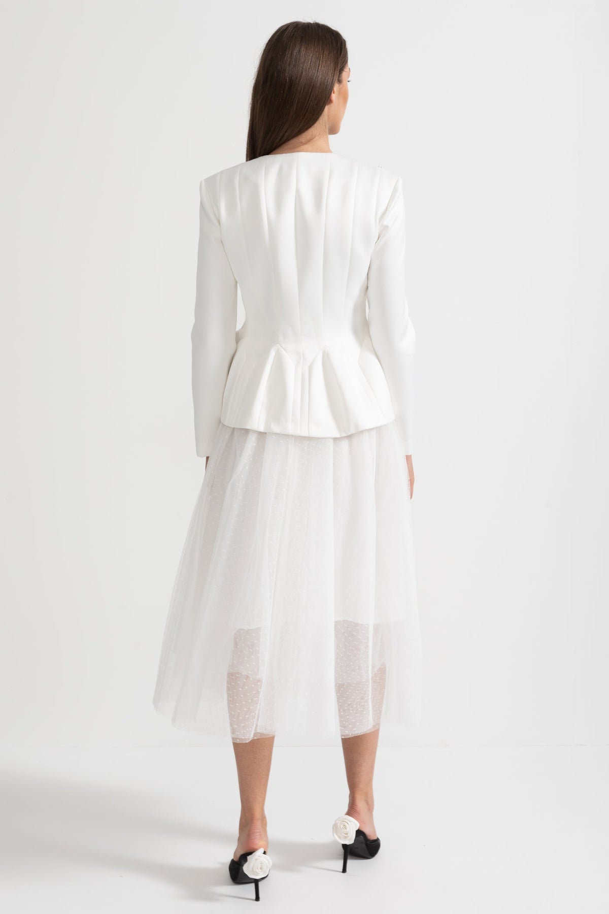 Peplum Jacket and Sheer Tulle Skirt Co-Ord Set with Structured Seams - White