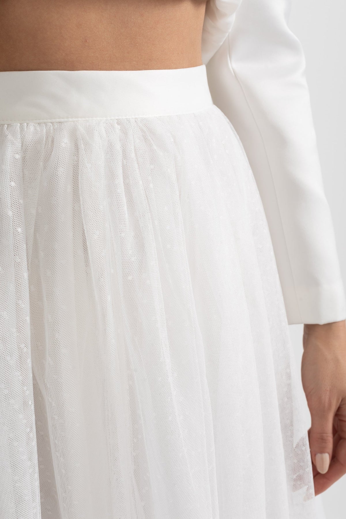 Peplum Jacket and Sheer Tulle Skirt Co-Ord Set with Structured Seams - White