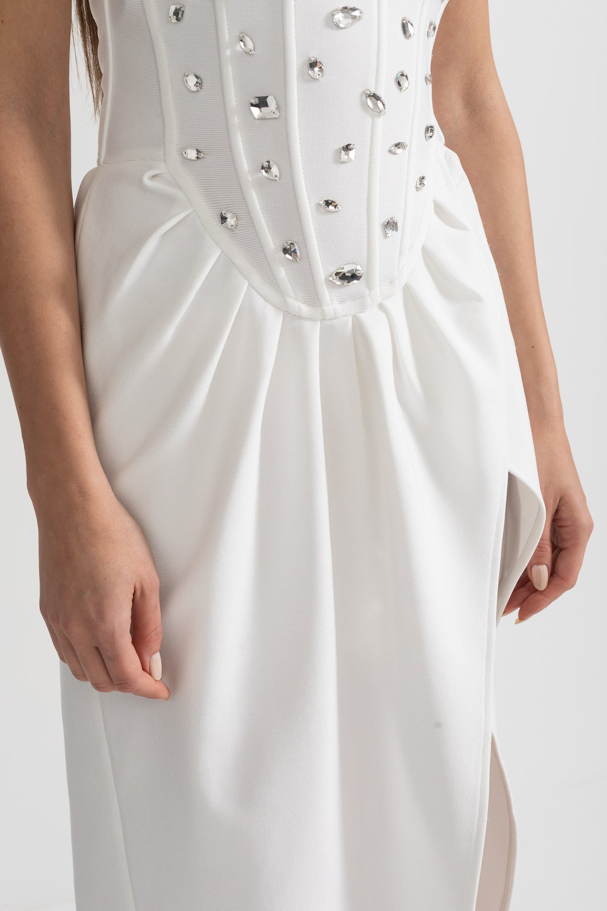 Elegant Satin Gown With Side Slit And Crystal Adornments - White