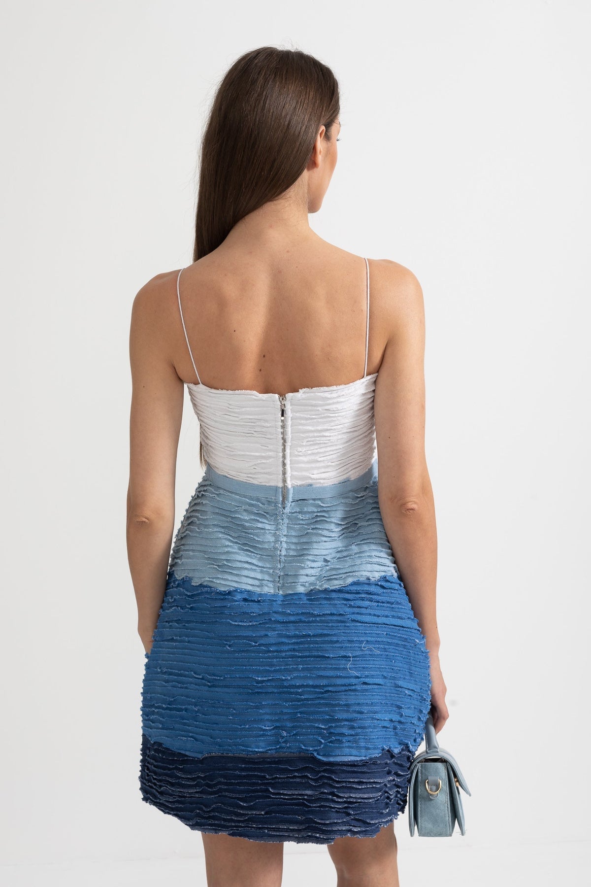 Ombre Mini Dress with Textured Layered Fabric - White/Blue