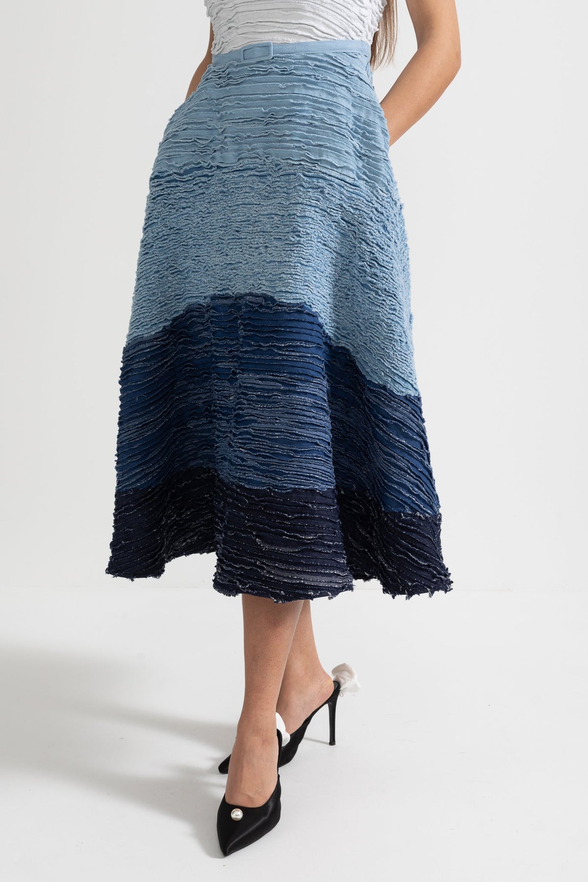 Ombre Midi Dress with Textured Layered Fabric - White/Blue