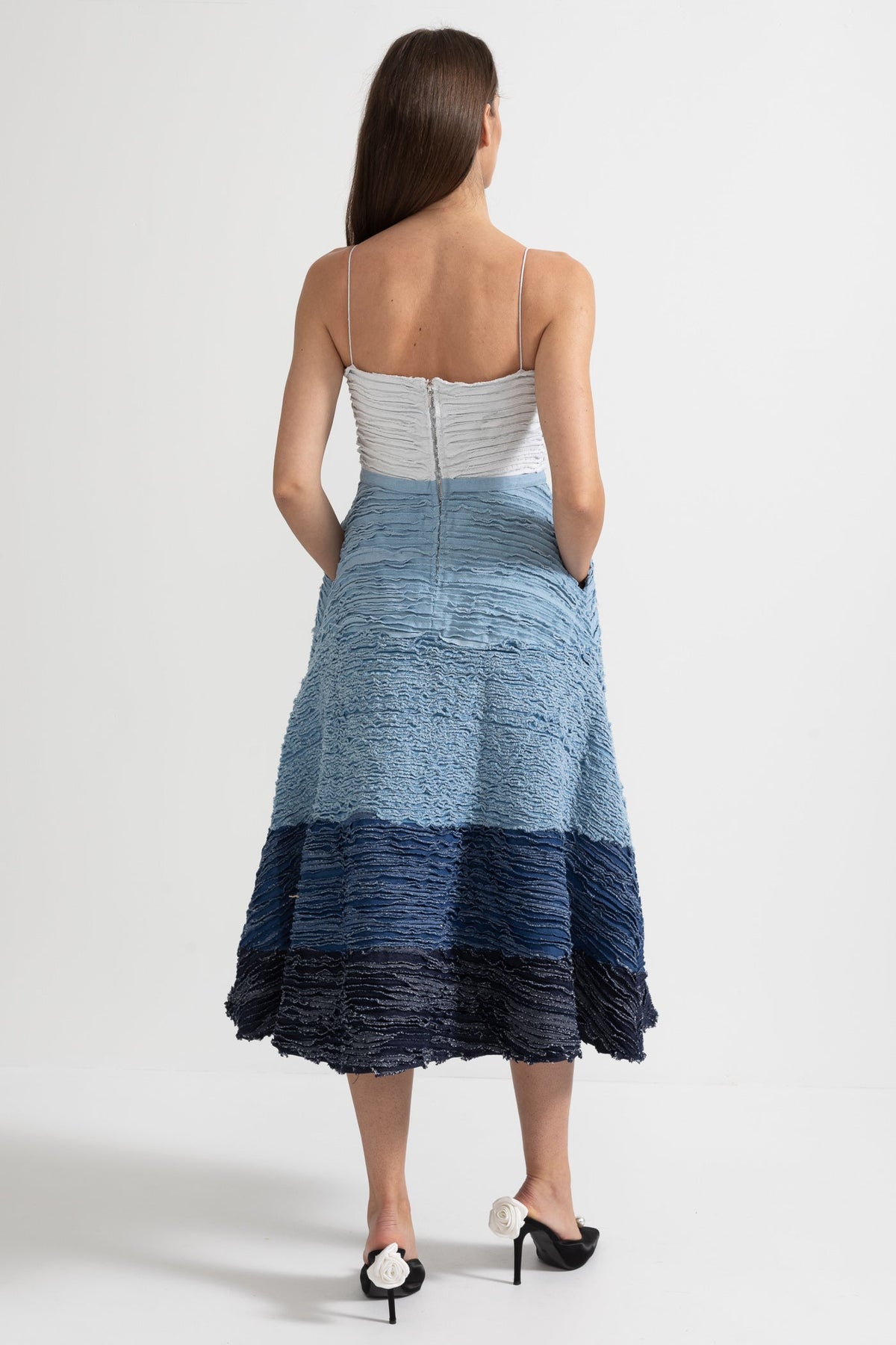Ombre Midi Dress with Textured Layered Fabric - White/Blue