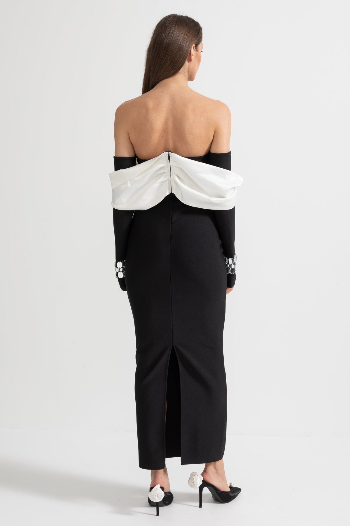Elegant Off Shoulder Dress With Contrasting Bustier And Sparkling Embellishments - Black
