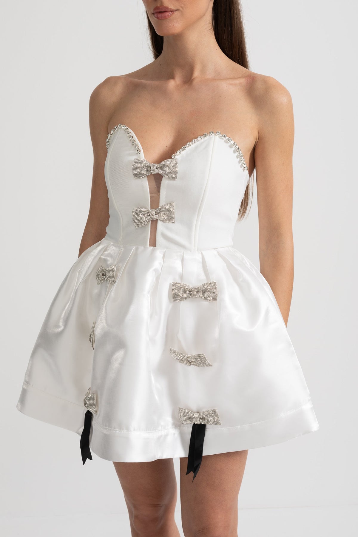 Strapless Mini Dress with Crystal Bow Embellishments - White