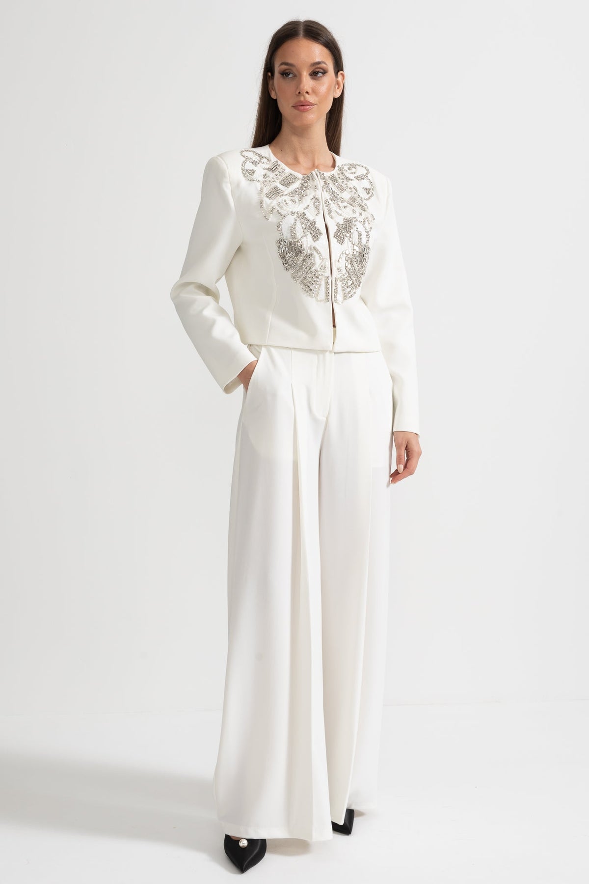 Embellished Jacket and Wide-Leg Trousers Co-Ord Set with Ornate Beadwork - White