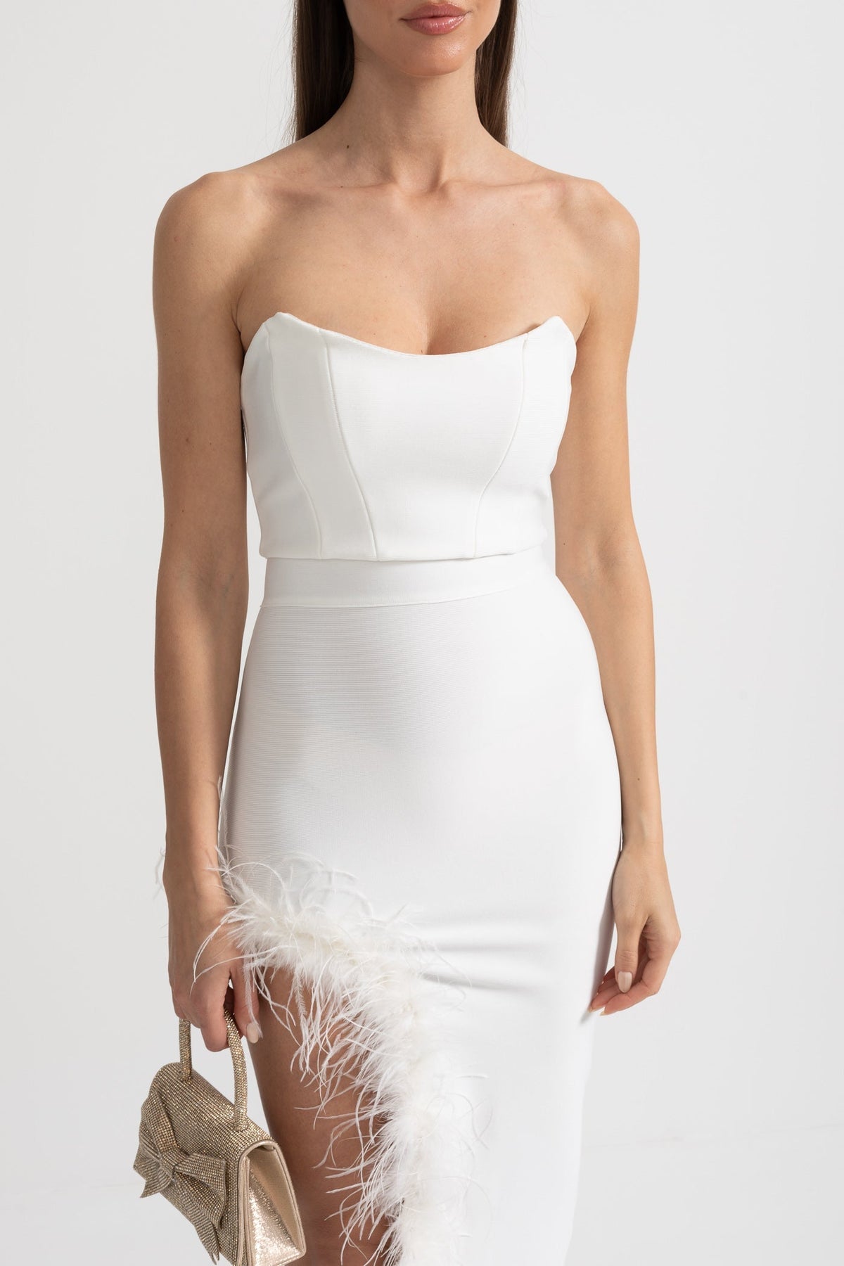 Strapless Feather-Trimmed Dress With Fitted Bodice And Asymmetrical Hemline - White