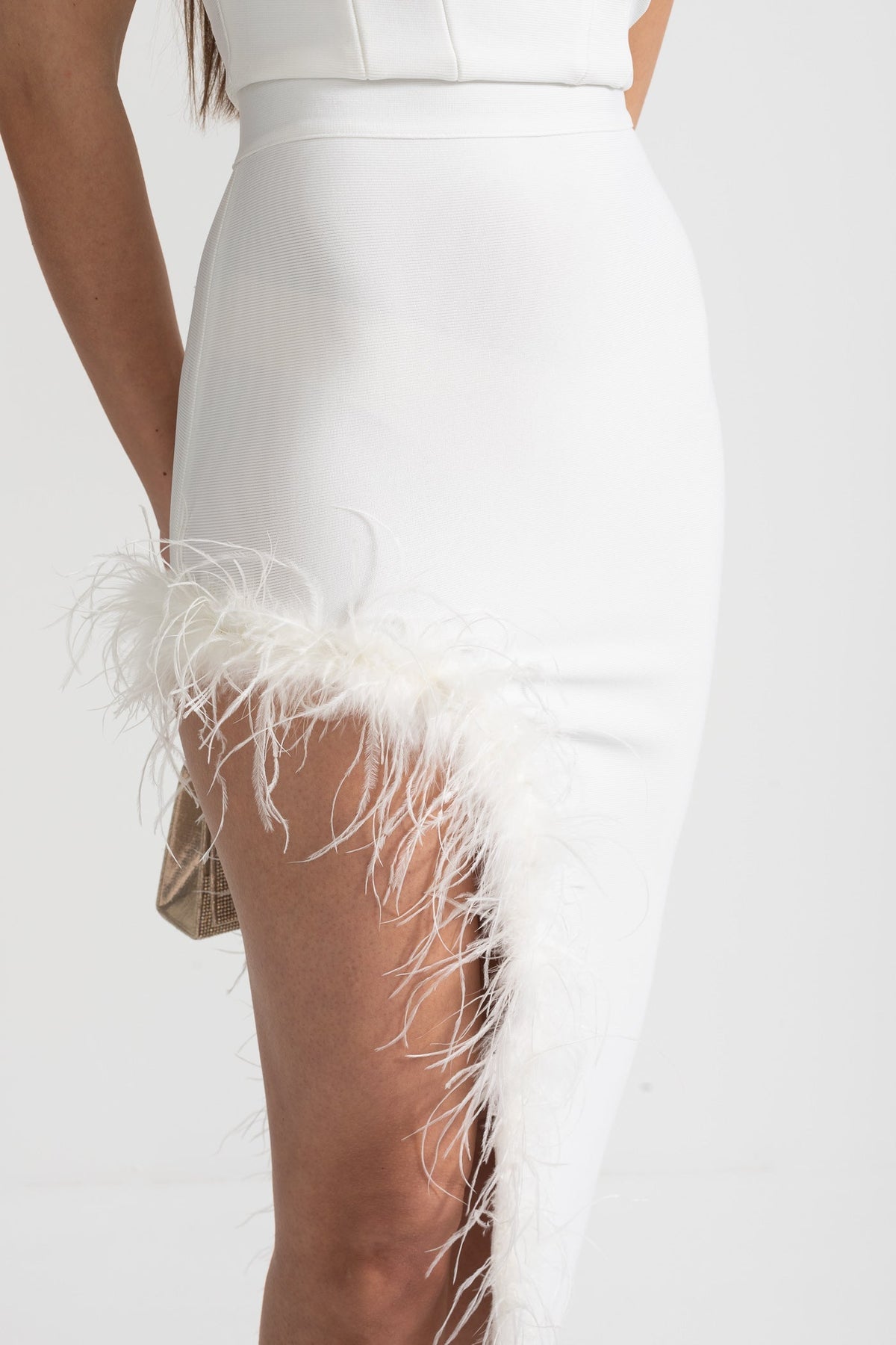 Strapless Feather-Trimmed Dress With Fitted Bodice And Asymmetrical Hemline - White