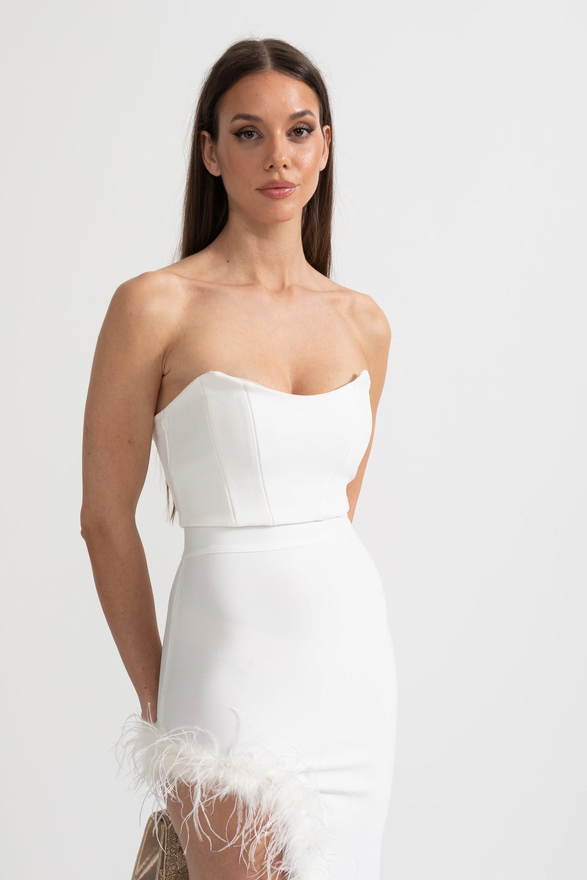 Strapless Feather-Trimmed Dress With Fitted Bodice And Asymmetrical Hemline - White