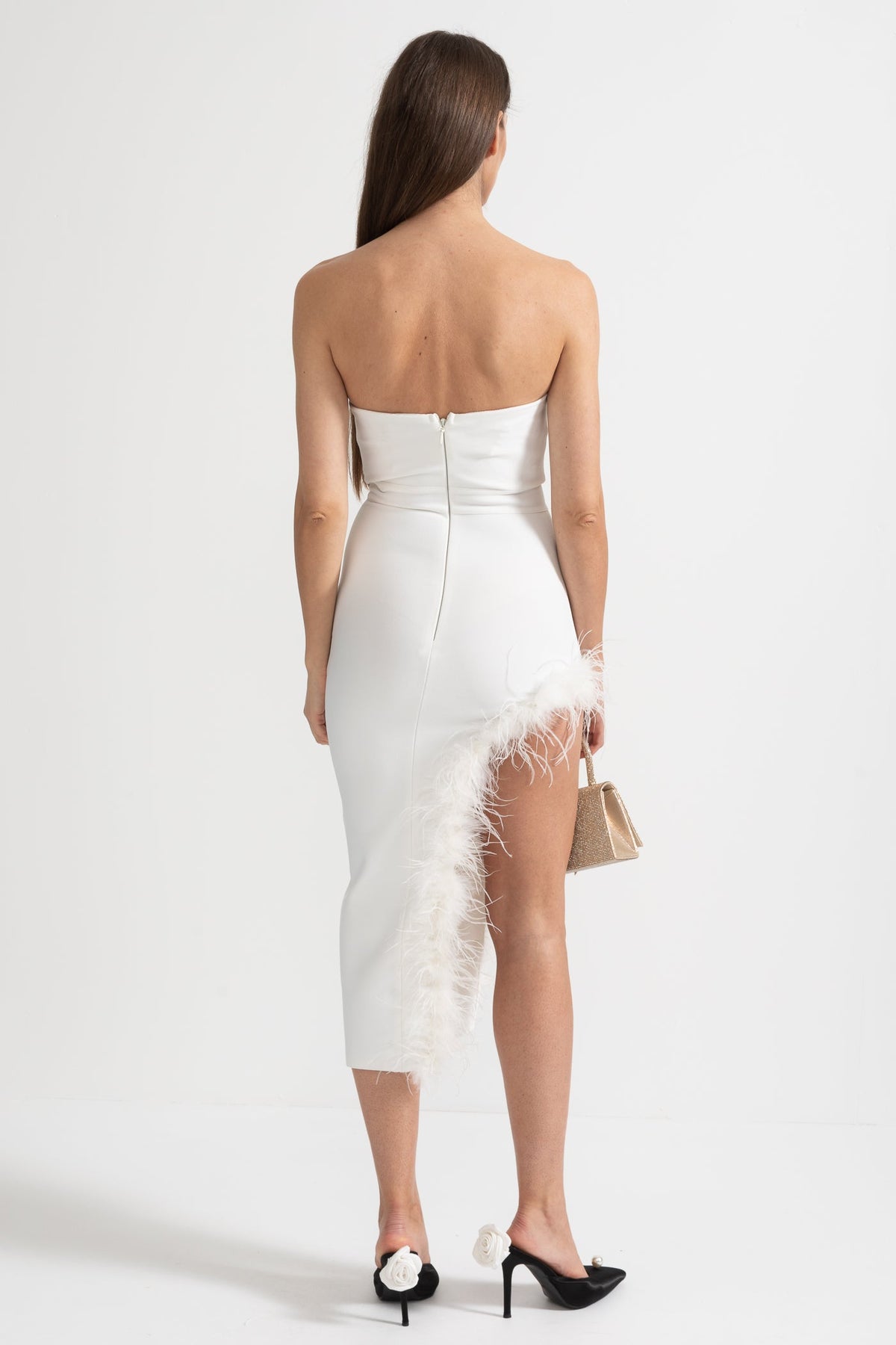 Strapless Feather-Trimmed Dress With Fitted Bodice And Asymmetrical Hemline - White