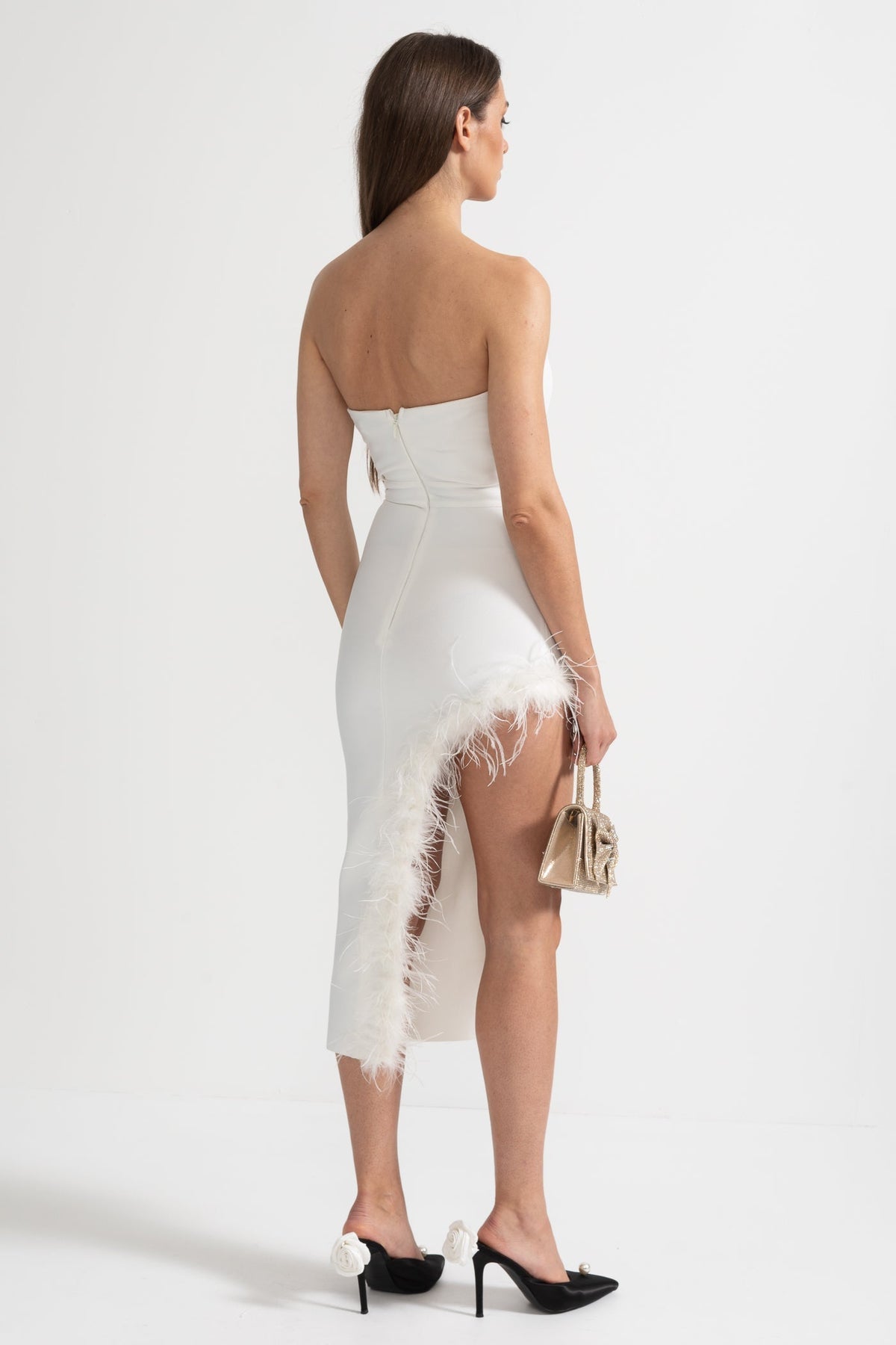 Strapless Feather-Trimmed Dress With Fitted Bodice And Asymmetrical Hemline - White