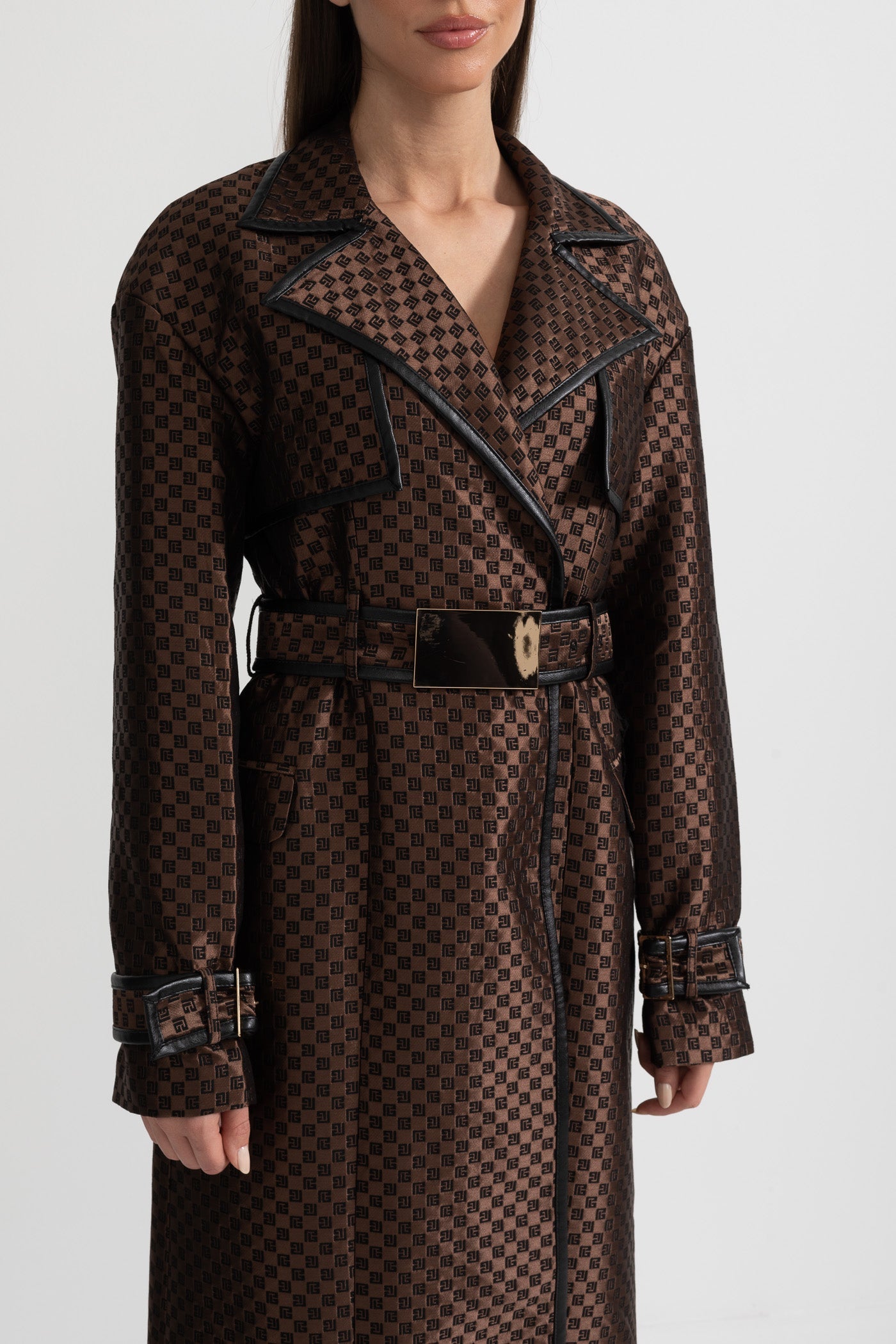 Wide Lapel Trench Coat With Gold Buckle Waist Belt - Brown
