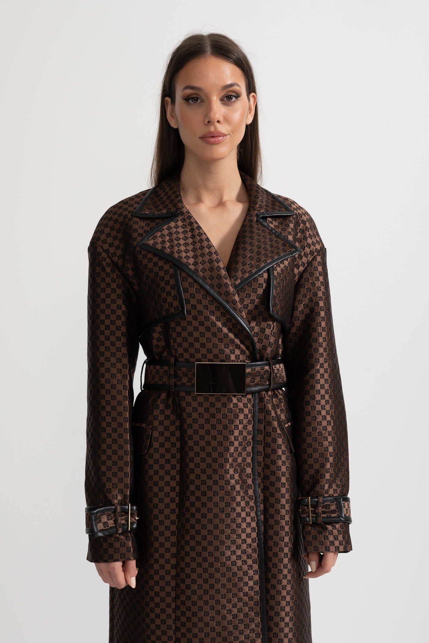 Wide Lapel Trench Coat With Gold Buckle Waist Belt - Brown
