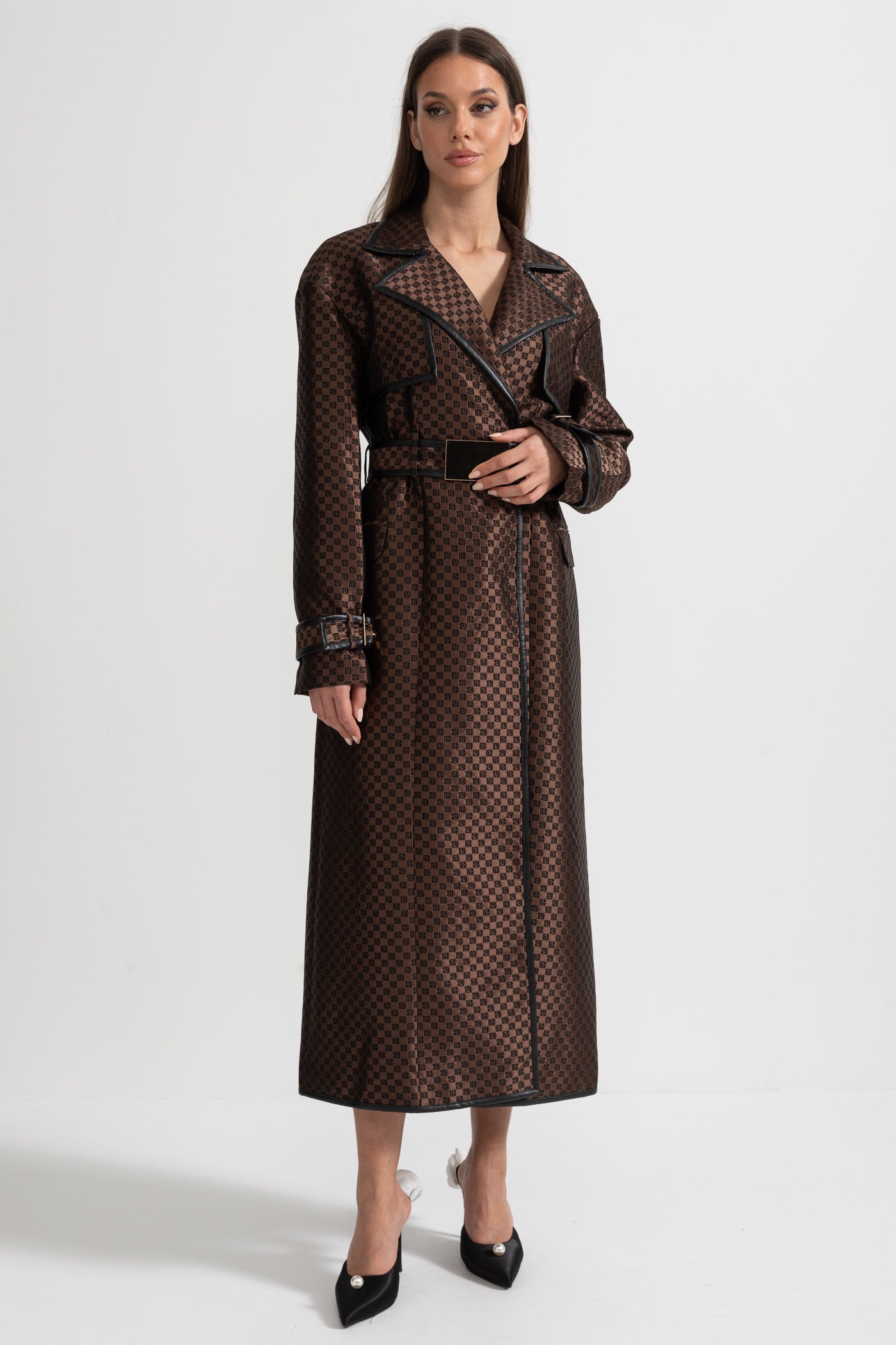 Wide Lapel Trench Coat With Gold Buckle Waist Belt - Brown