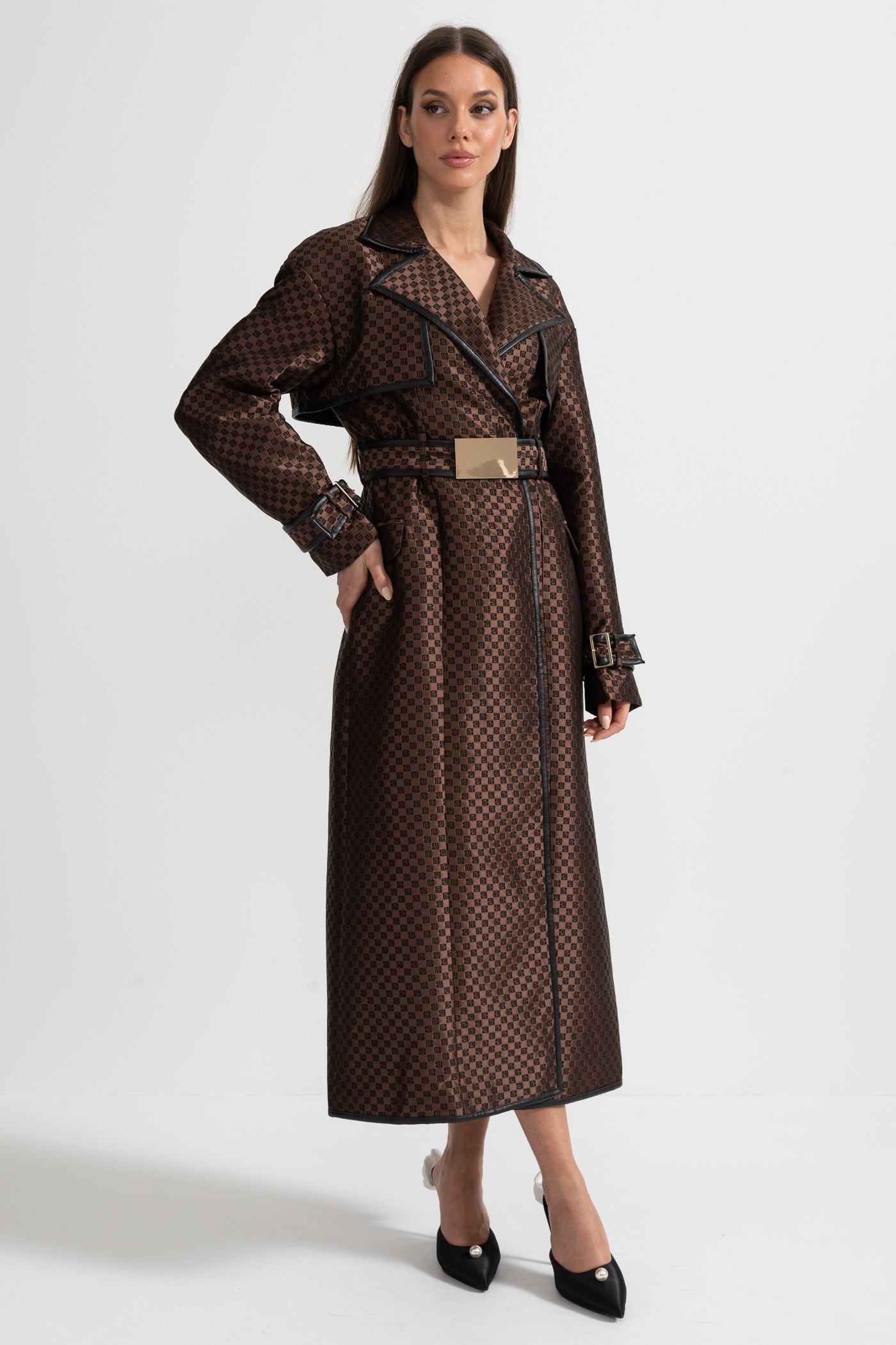 Wide Lapel Trench Coat With Gold Buckle Waist Belt - Brown