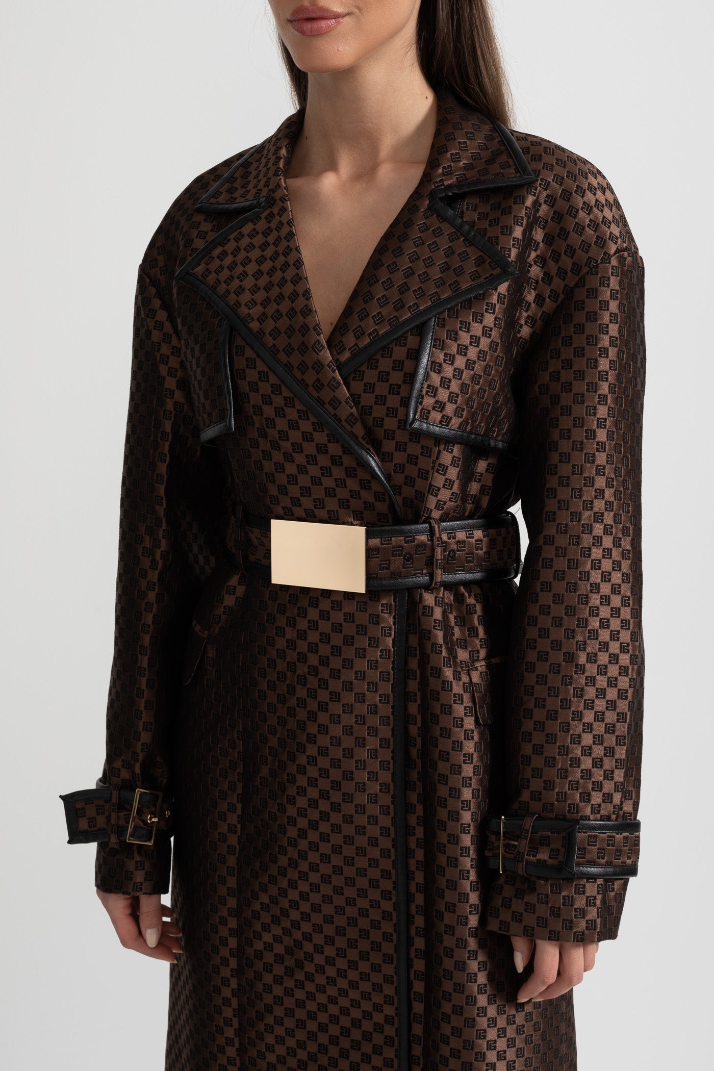 Wide Lapel Trench Coat With Gold Buckle Waist Belt - Brown
