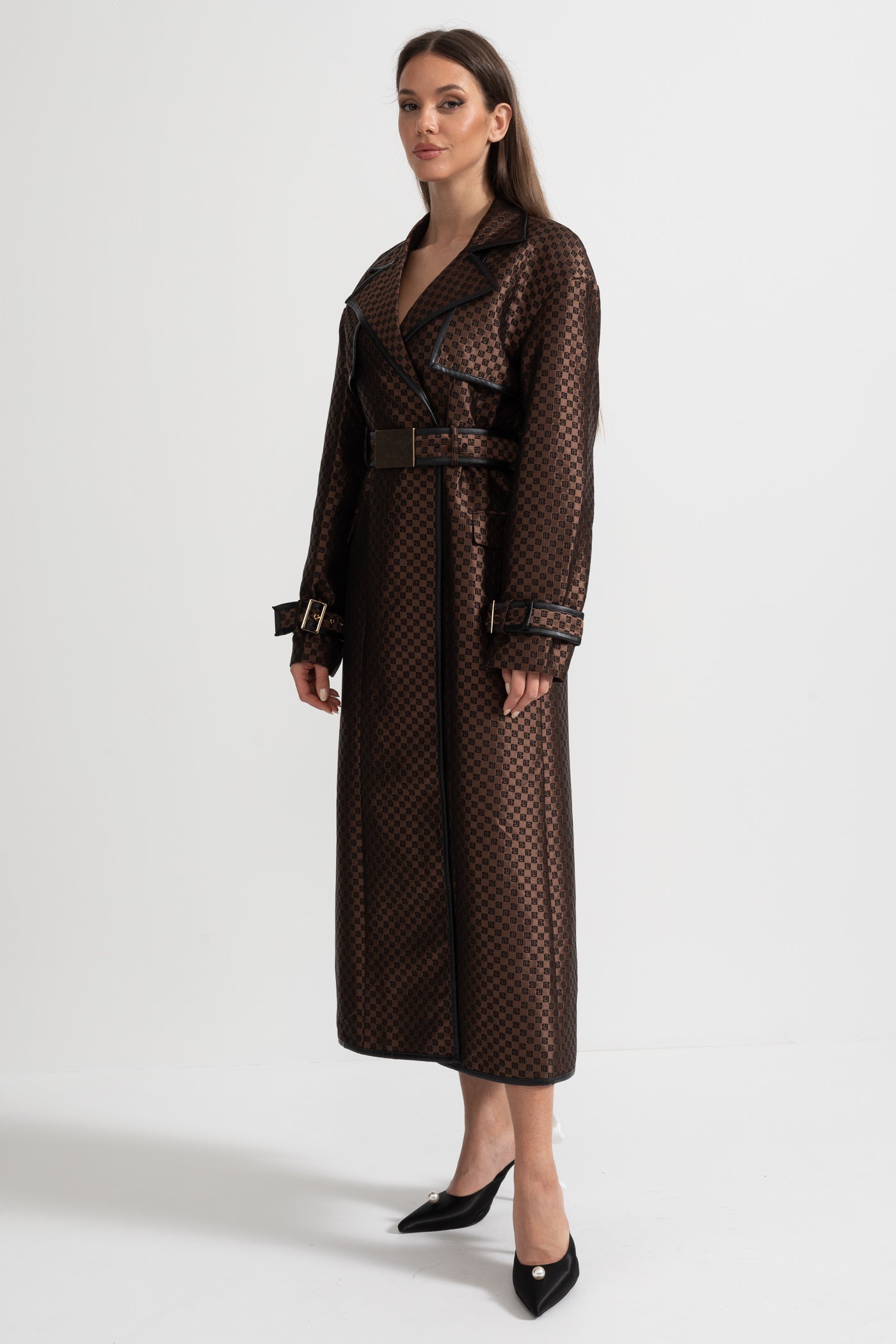 Wide Lapel Trench Coat With Gold Buckle Waist Belt - Brown