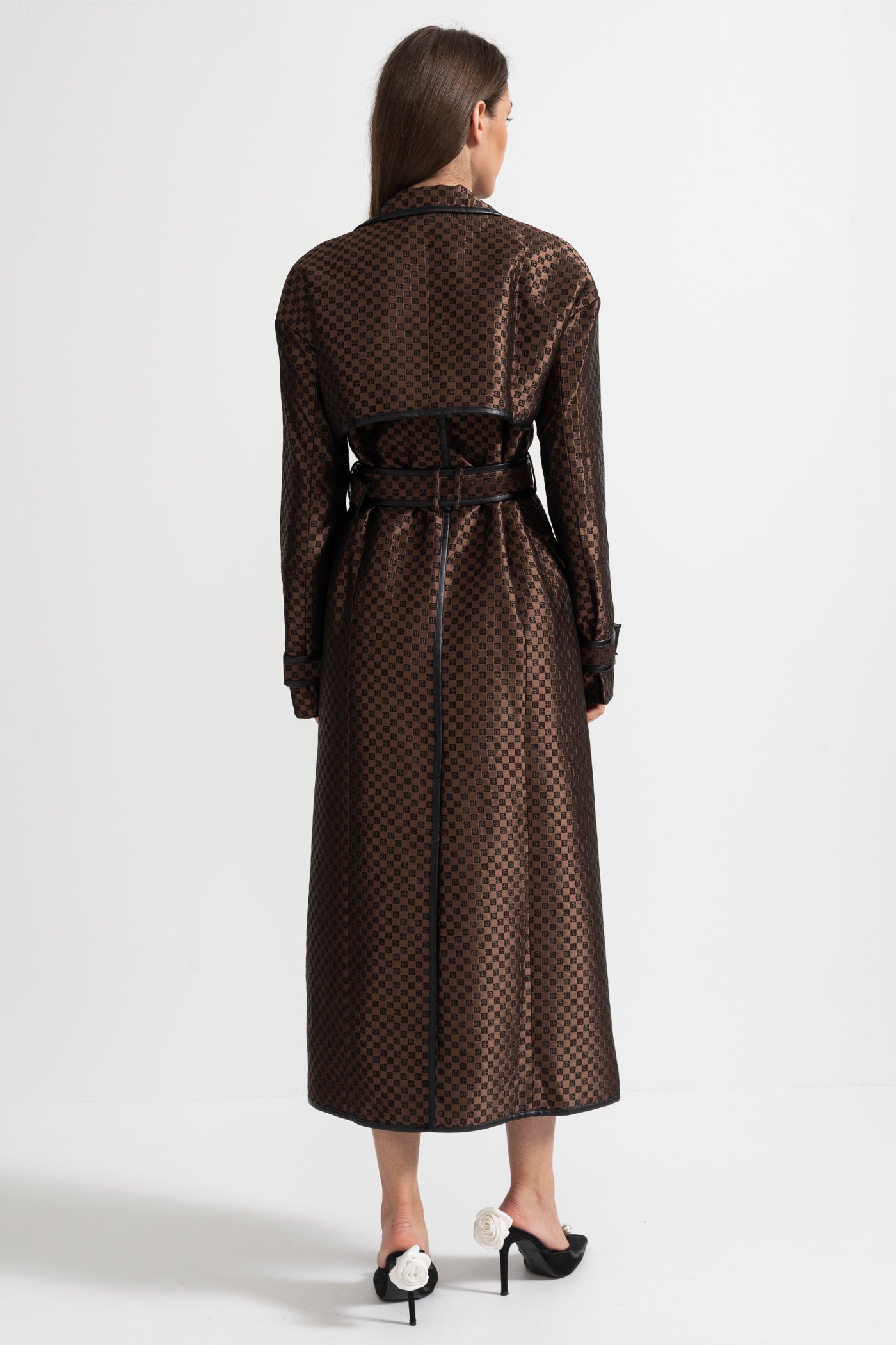 Wide Lapel Trench Coat With Gold Buckle Waist Belt - Brown