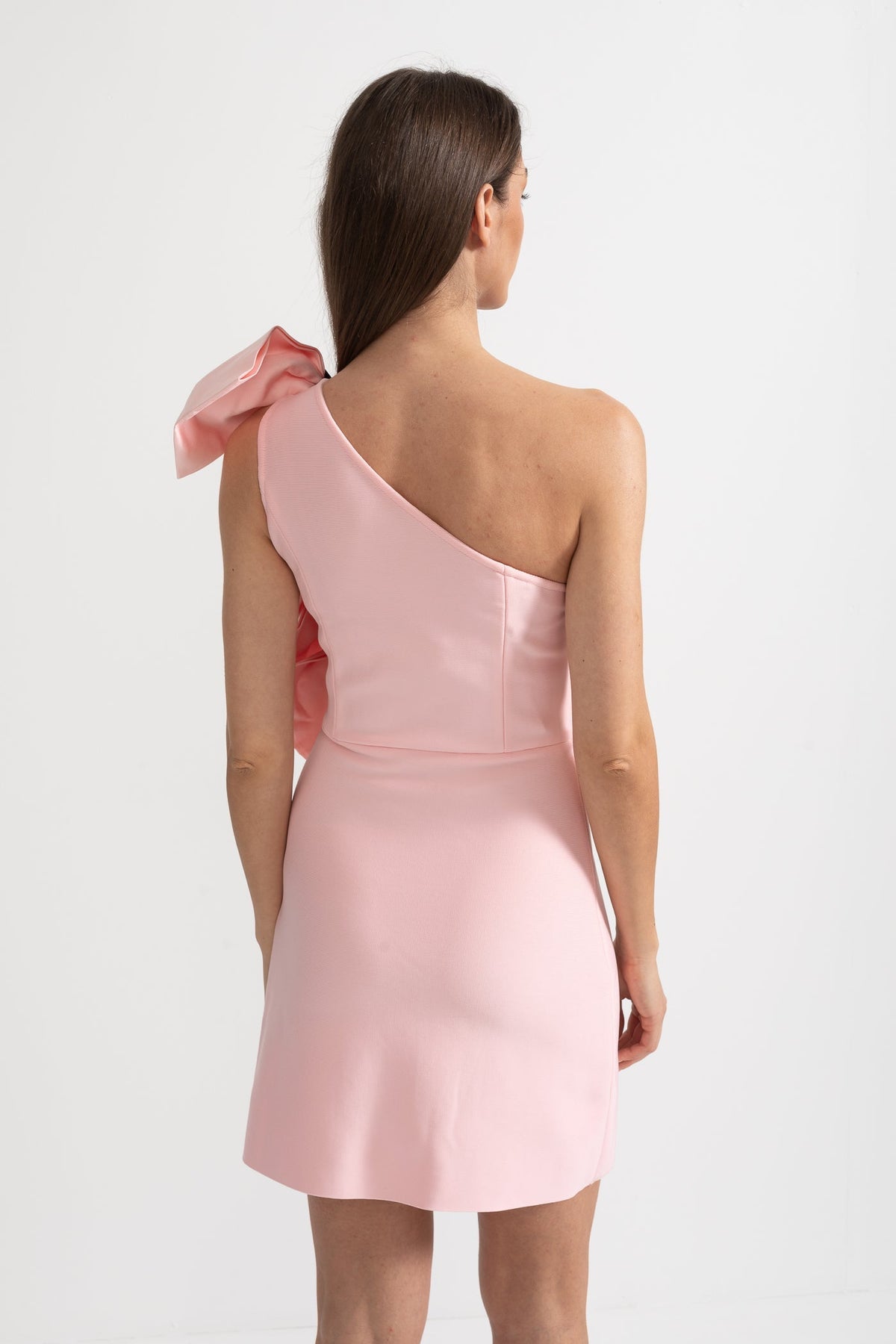 One-Shoulder Mini Dress with Oversized Bow Detailing - Pink