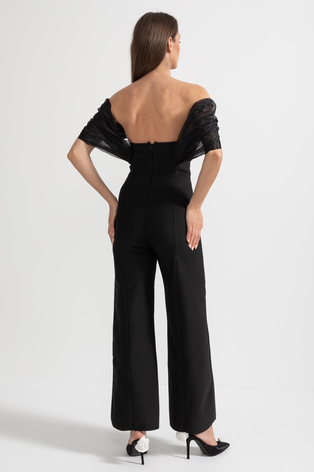 Off-Shoulder Jumpsuit with Draped Sheer Detailing - Black