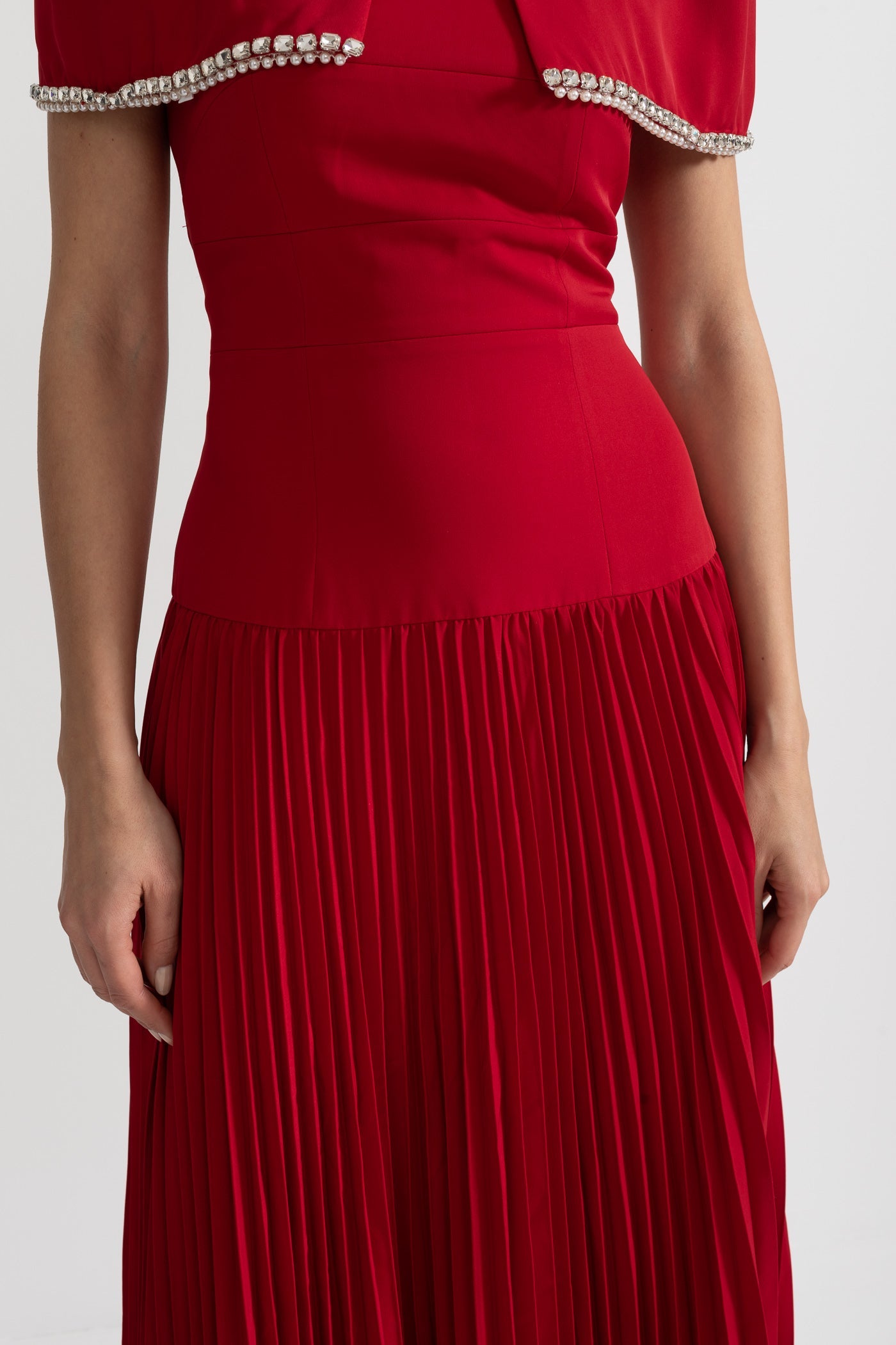 Pleated Midi Dress with Detachable Embellished Shoulder Cape - Red