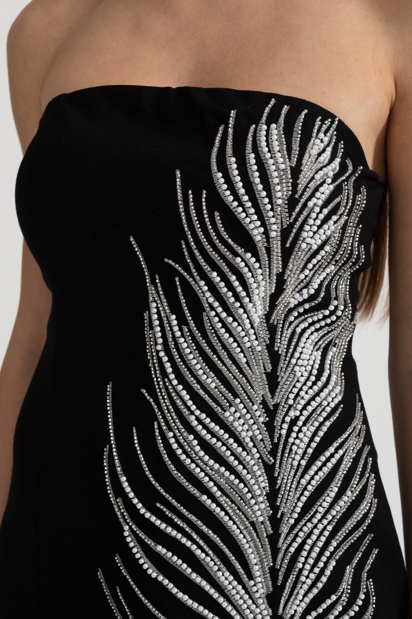 Strapless Mini Dress with Crystal Feather Embellishments - Black