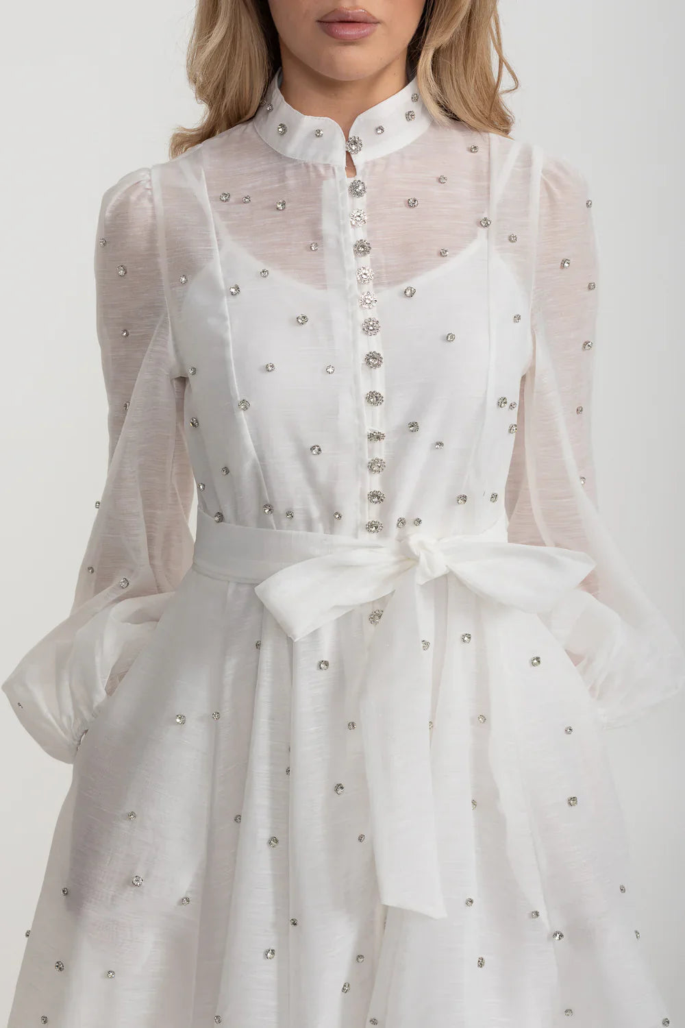 Elegant Dress With Long Puffed Sleeves, High Collar And Sparkling Embellishments - White